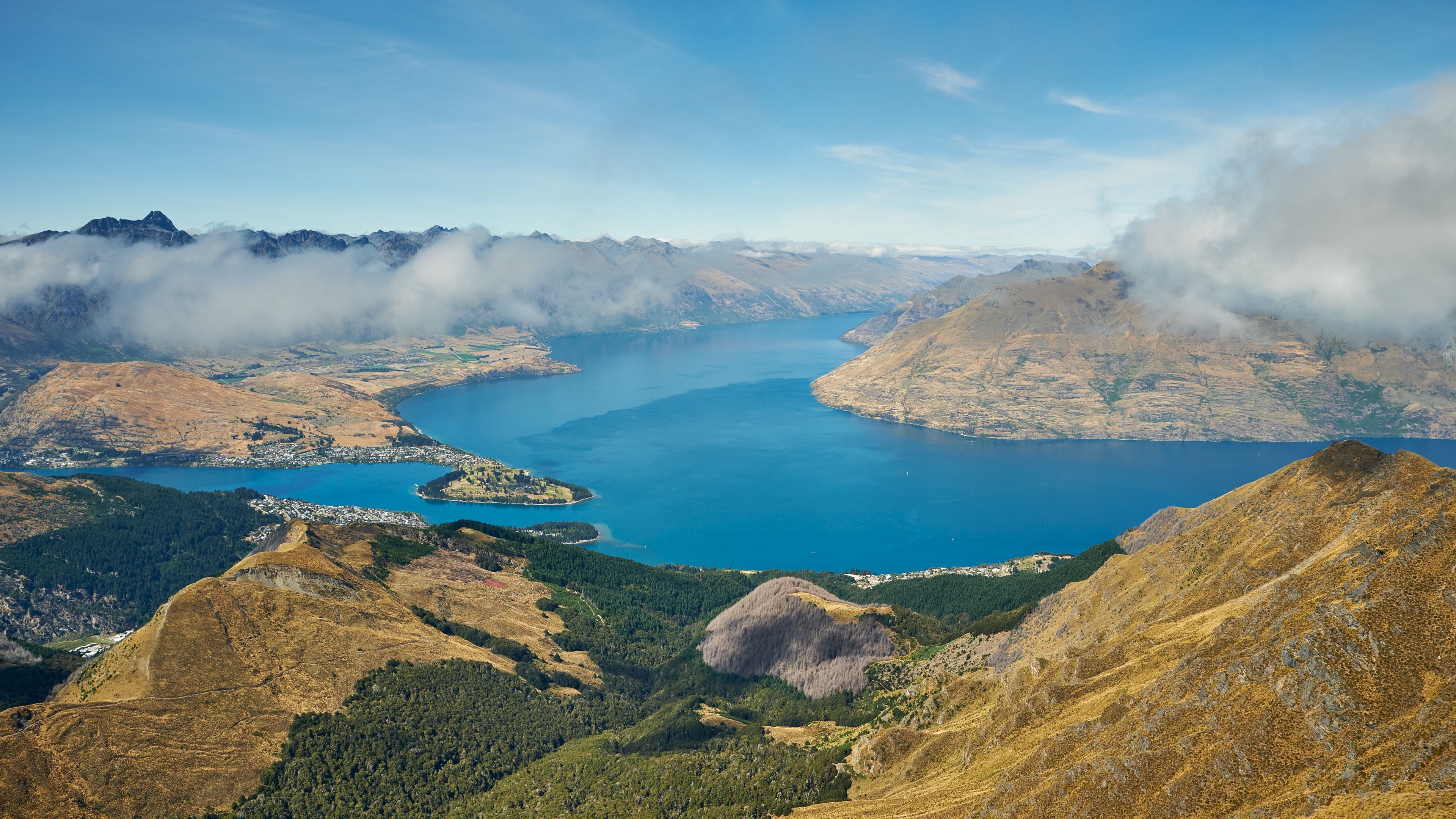 mountains, lake, view from above, clouds, new zealand, 4k, HD Wallpaper