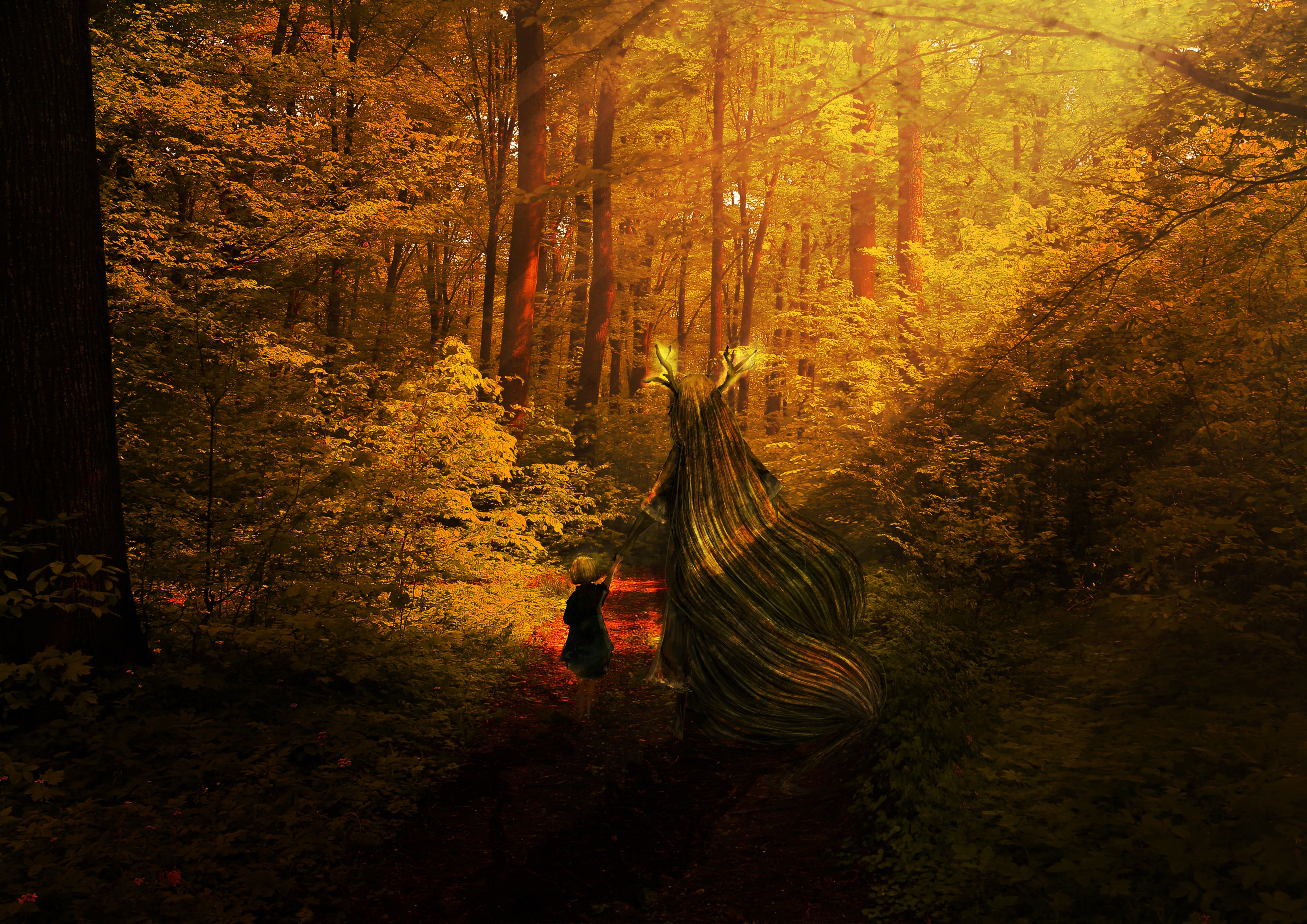 antlers, long hair, landscape, forest, children, holding hands, sunset, HD Wallpaper