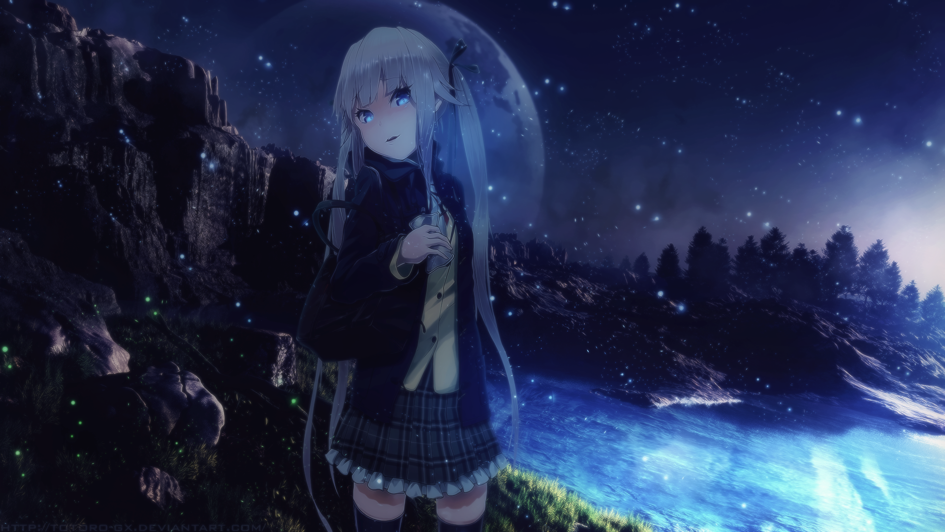 anime girls, night, stars, HD Wallpaper