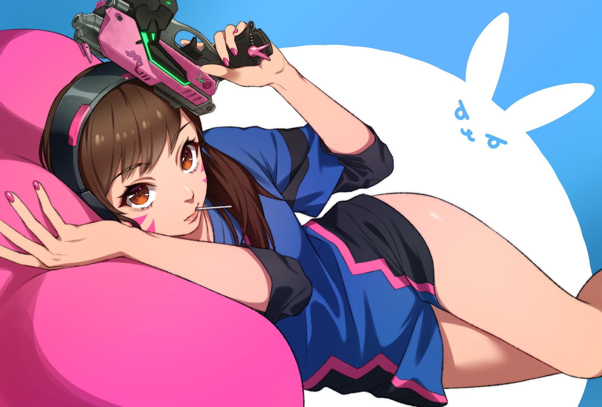 D.Va (Overwatch), Overwatch, headphones, pistol, lollipop, weapon, pillow, HD Wallpaper