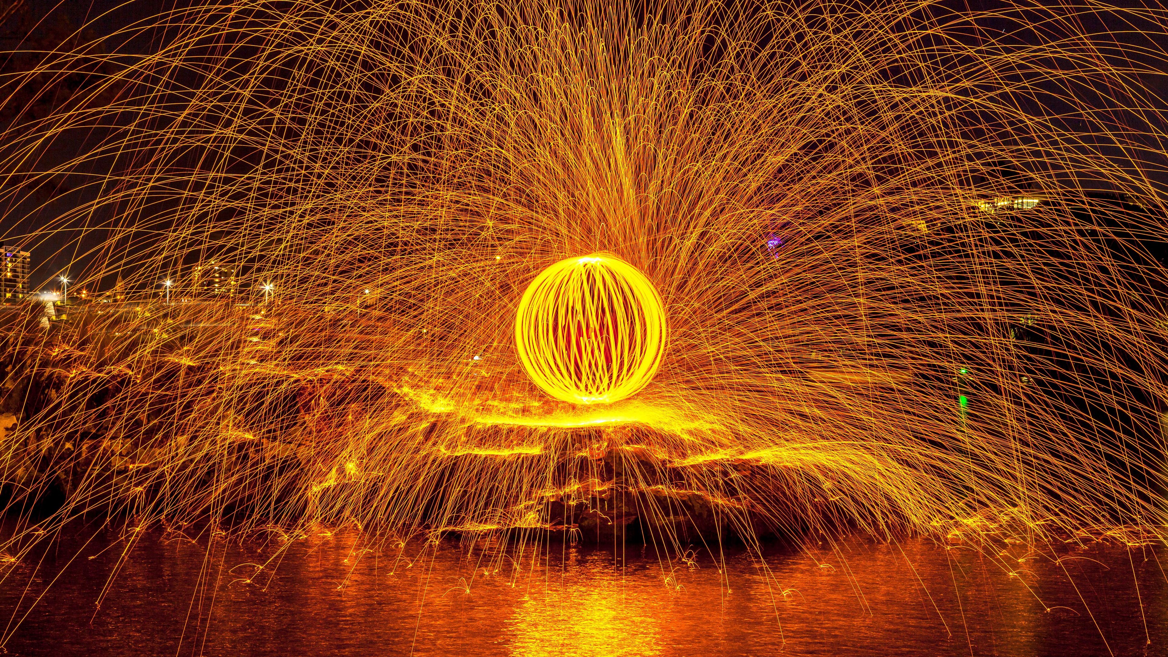 ball, sparks, freezelight, night, 4k, HD Wallpaper