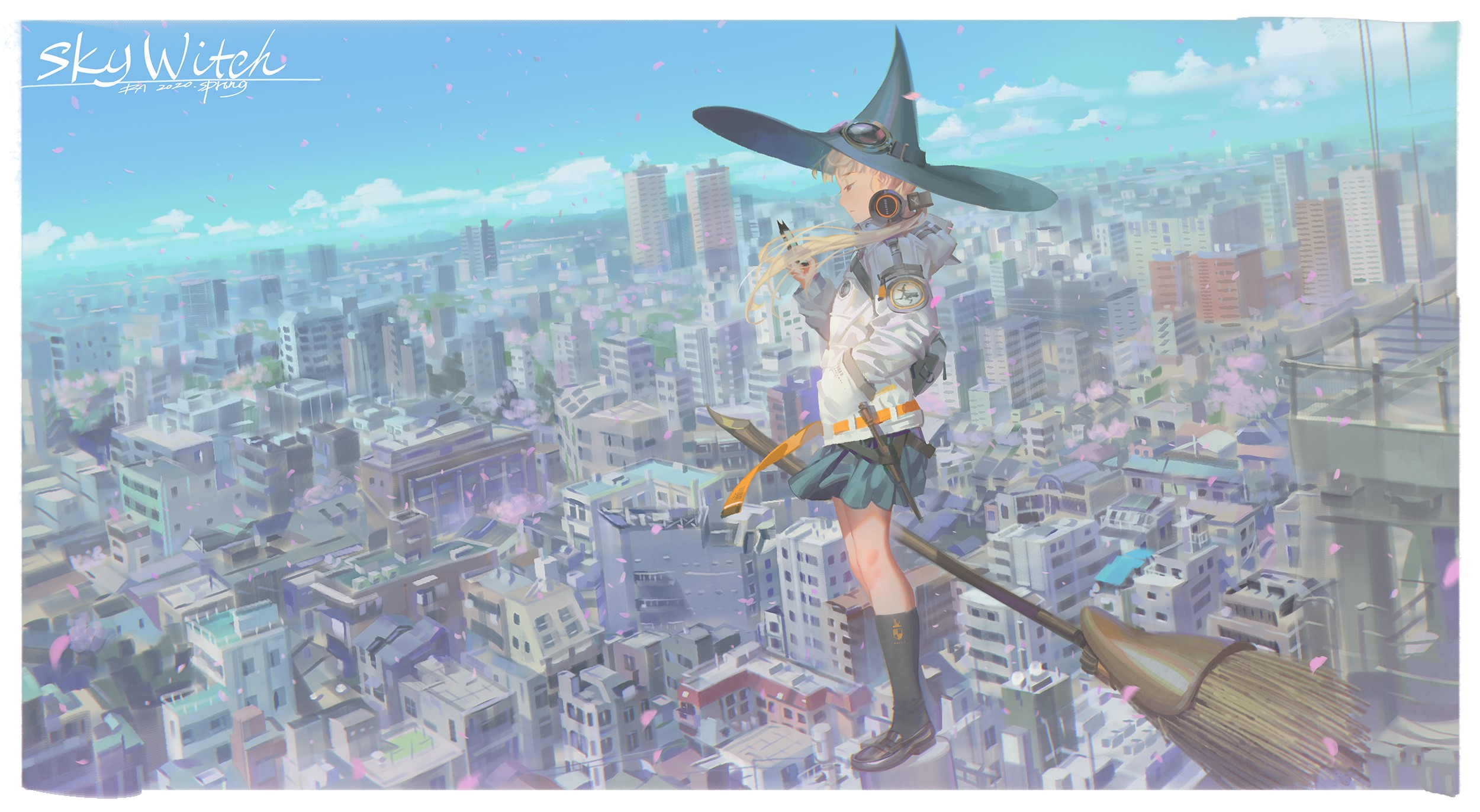 anime, anime girls, witch, cityscape, moescape, hat, headphones, HD Wallpaper