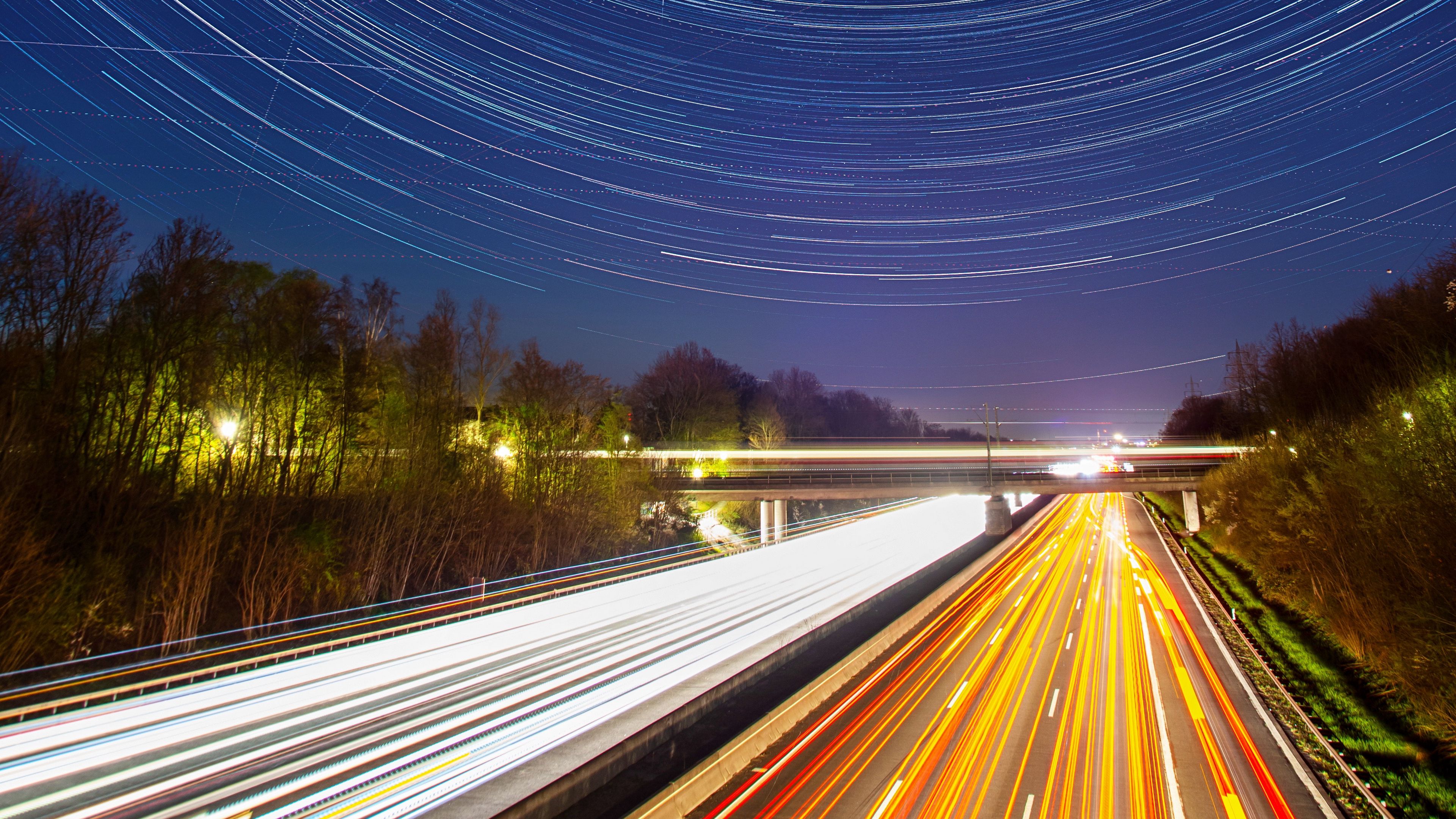 road, long exposure, starry sky, direction, 4k, HD Wallpaper