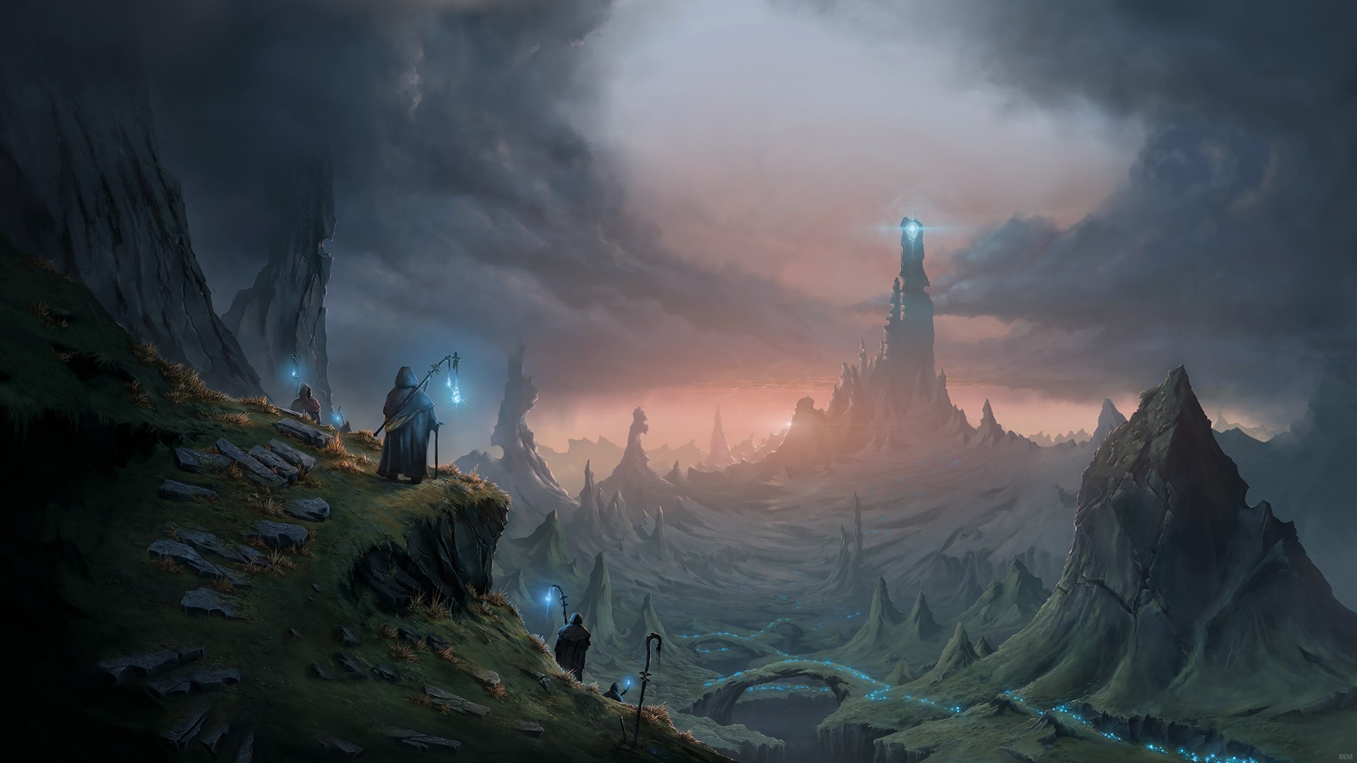 Mikael Mellbris, magic, cape, cane, artwork, landscape, tower, HD Wallpaper
