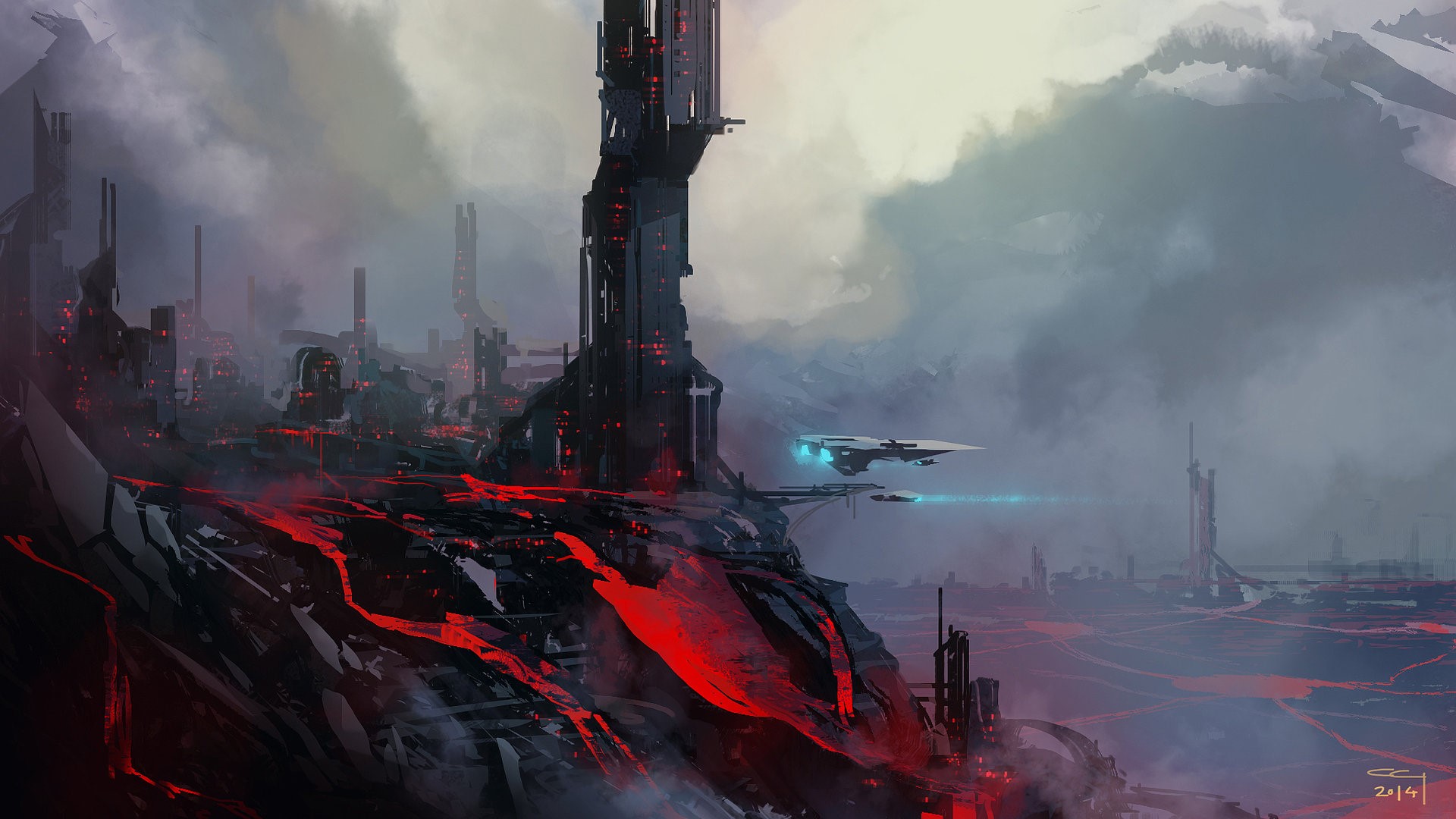Chris Goff, lava, spaceship, volcano, city, artwork, HD Wallpaper