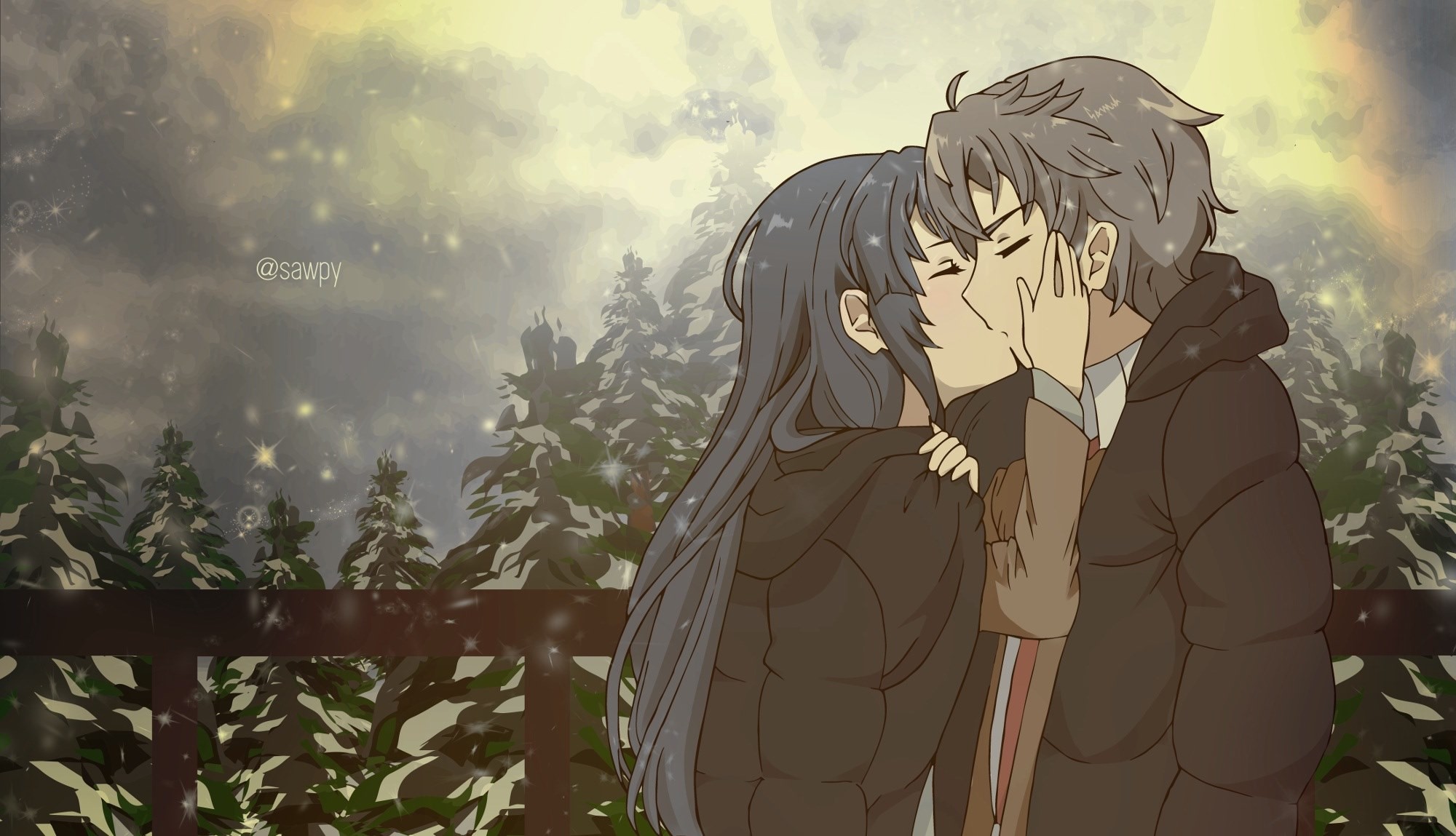 mai sakurajima, Seishun Buta Yarou wa Bunny Girl Senpai no Yume o Minai, kissing, snowing, anime, Sakurajima Mai, HD Wallpaper