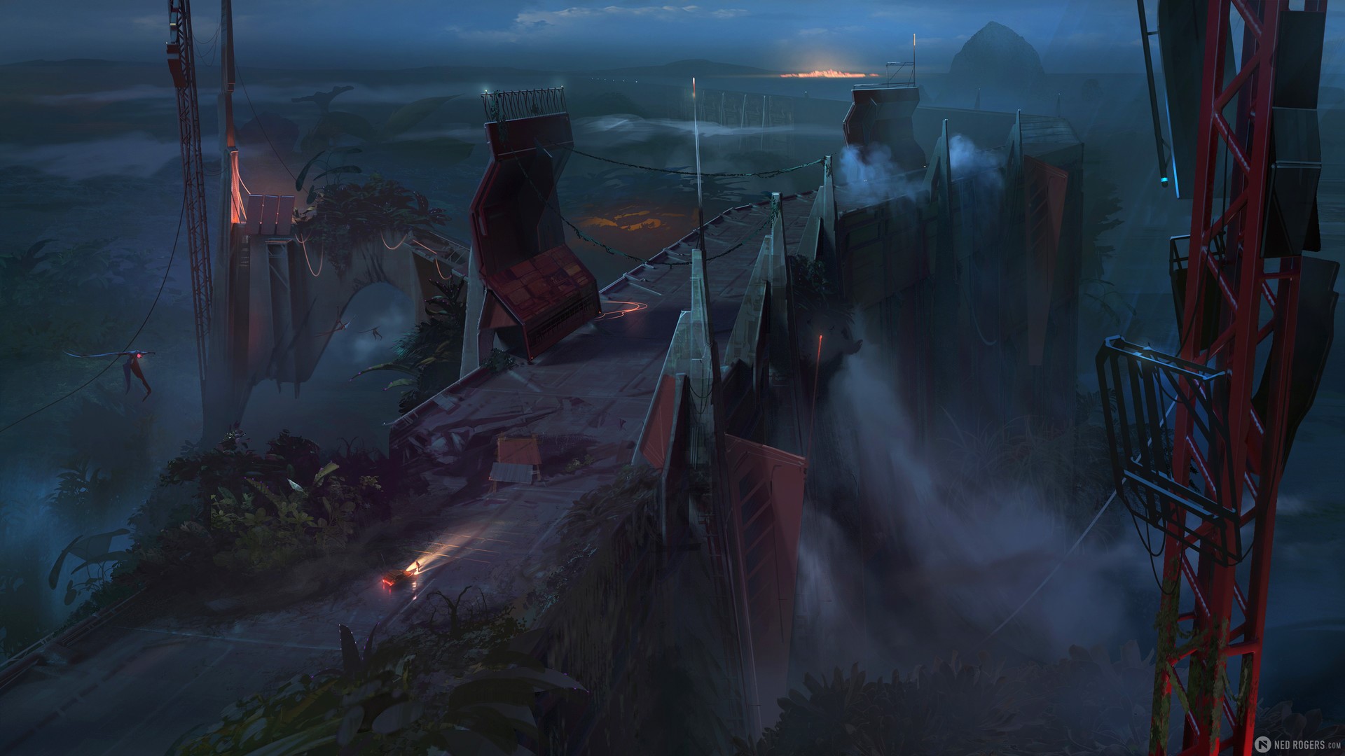 Ned Rogers, night, artwork, jungle, mist, headlight beams, HD Wallpaper