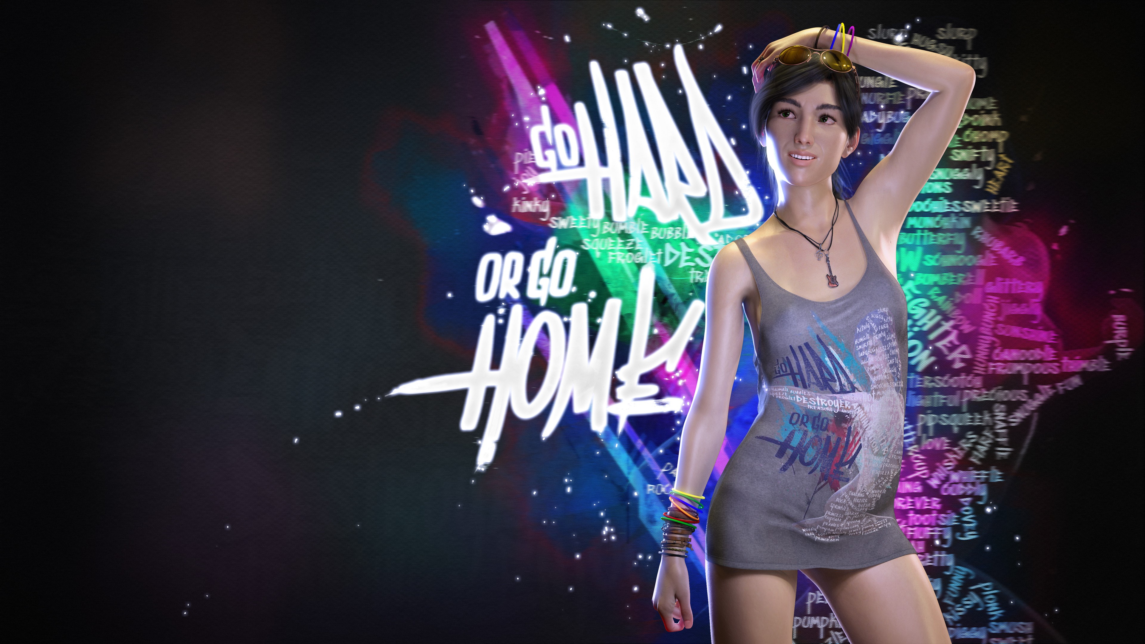 Kev-Art, Sakirah Rodaun, guitar, black hair, dark hair, green eyes, necklace, bracelets, hand on head, standing, NVIDIA Iray, blue light, dark background, musical notes, looking into the distance, women with shades, sunglasses, word clouds, glowing, abstract, 3D graphics, tank top, HD Wallpaper