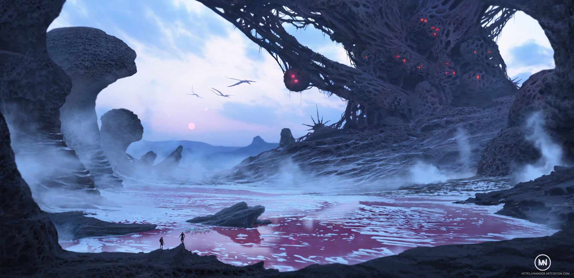 Nandor Moldovan, aliens, lake, artwork, HD Wallpaper