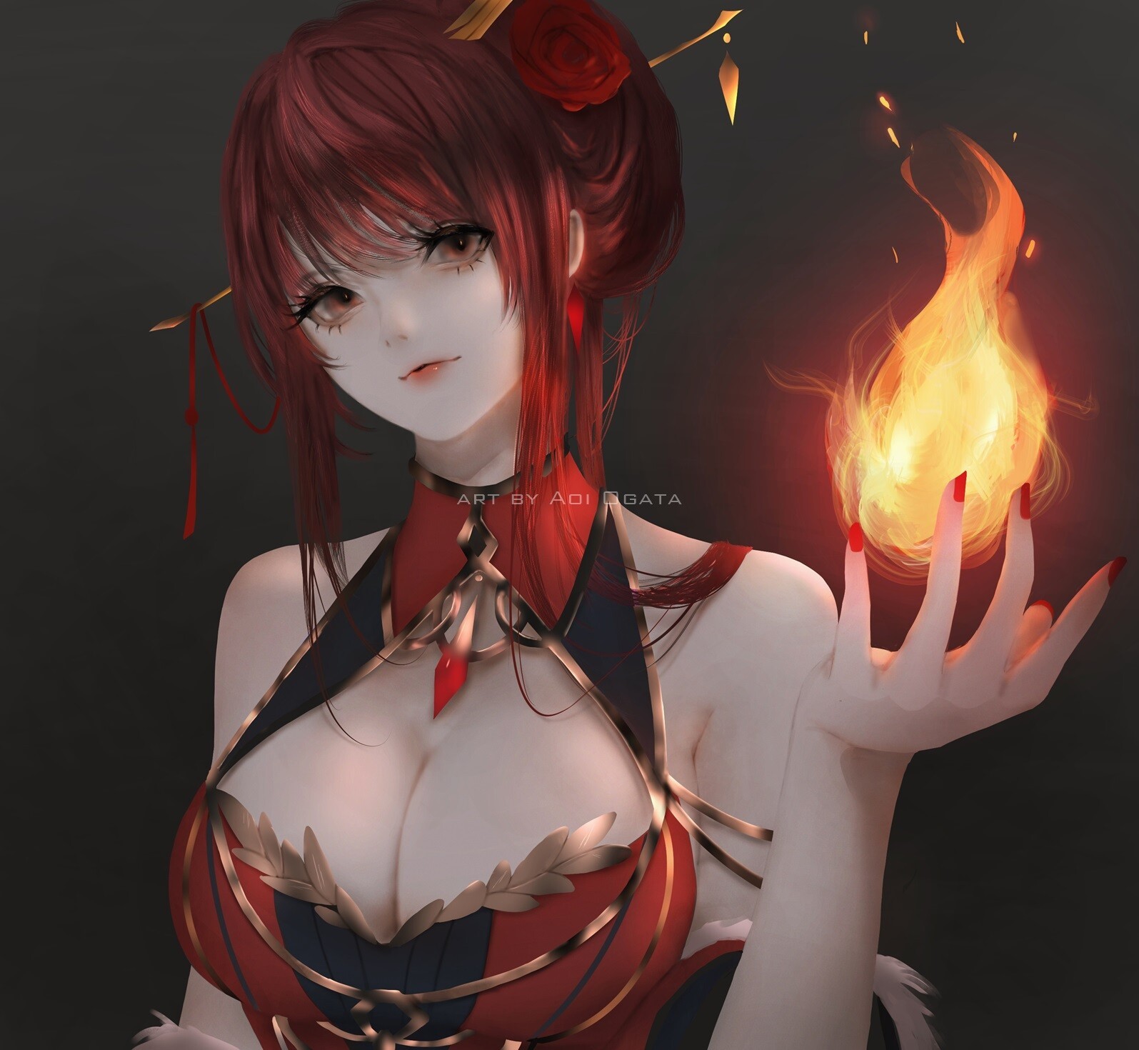 black background, red clothing, Aoi Ogata, anime, HD Wallpaper