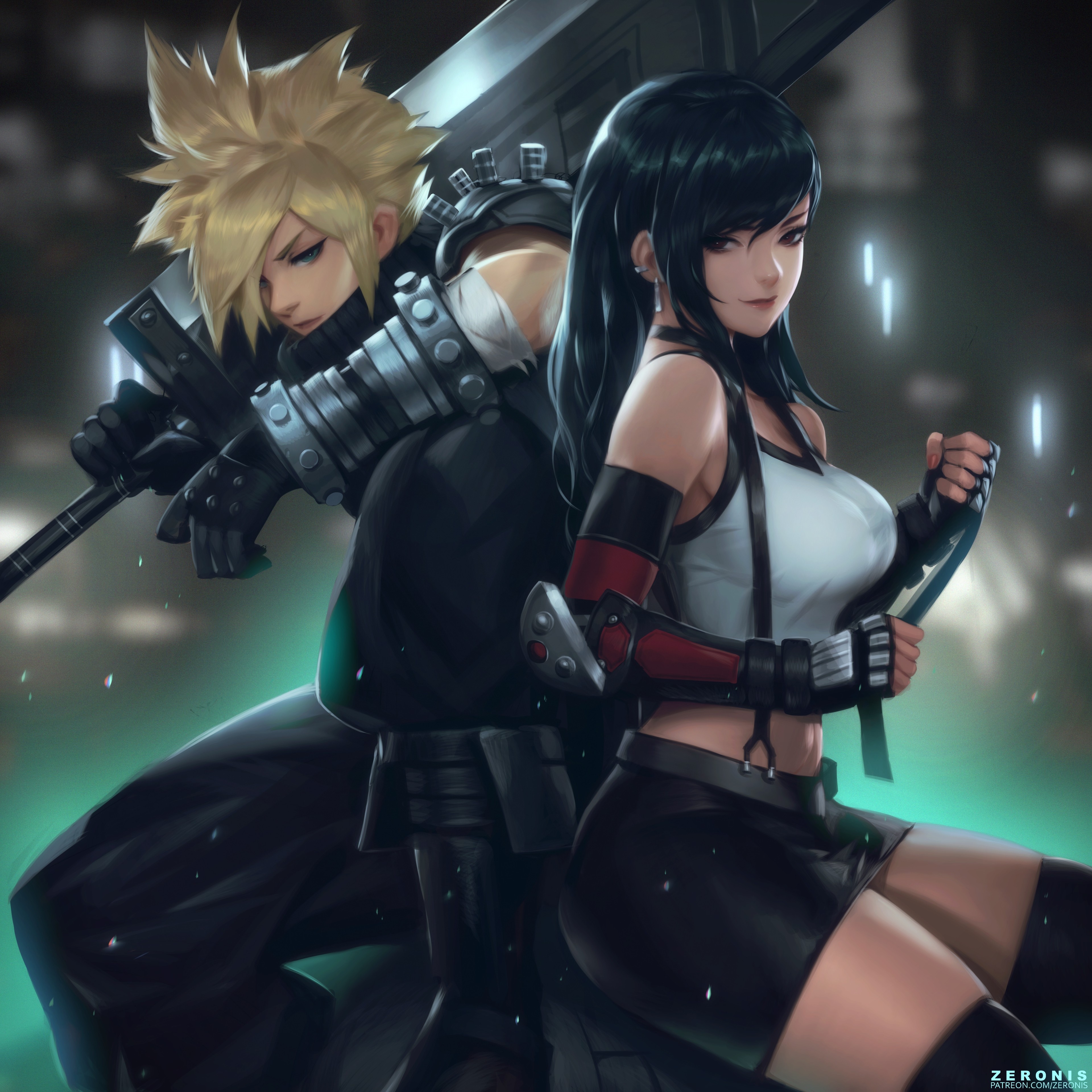 Zeronis, Tifa Lockhart, Cloud Strife, Final Fantasy VII, Final Fantasy 7: Advent Children, Final Fantasy VII: Advent Children, sword, blonde, black hair, long hair, fantasy art, digital art, video games, video game art, video game characters, fan art, artwork, women, anime girls, anime boys, fantasy weapon, HD Wallpaper
