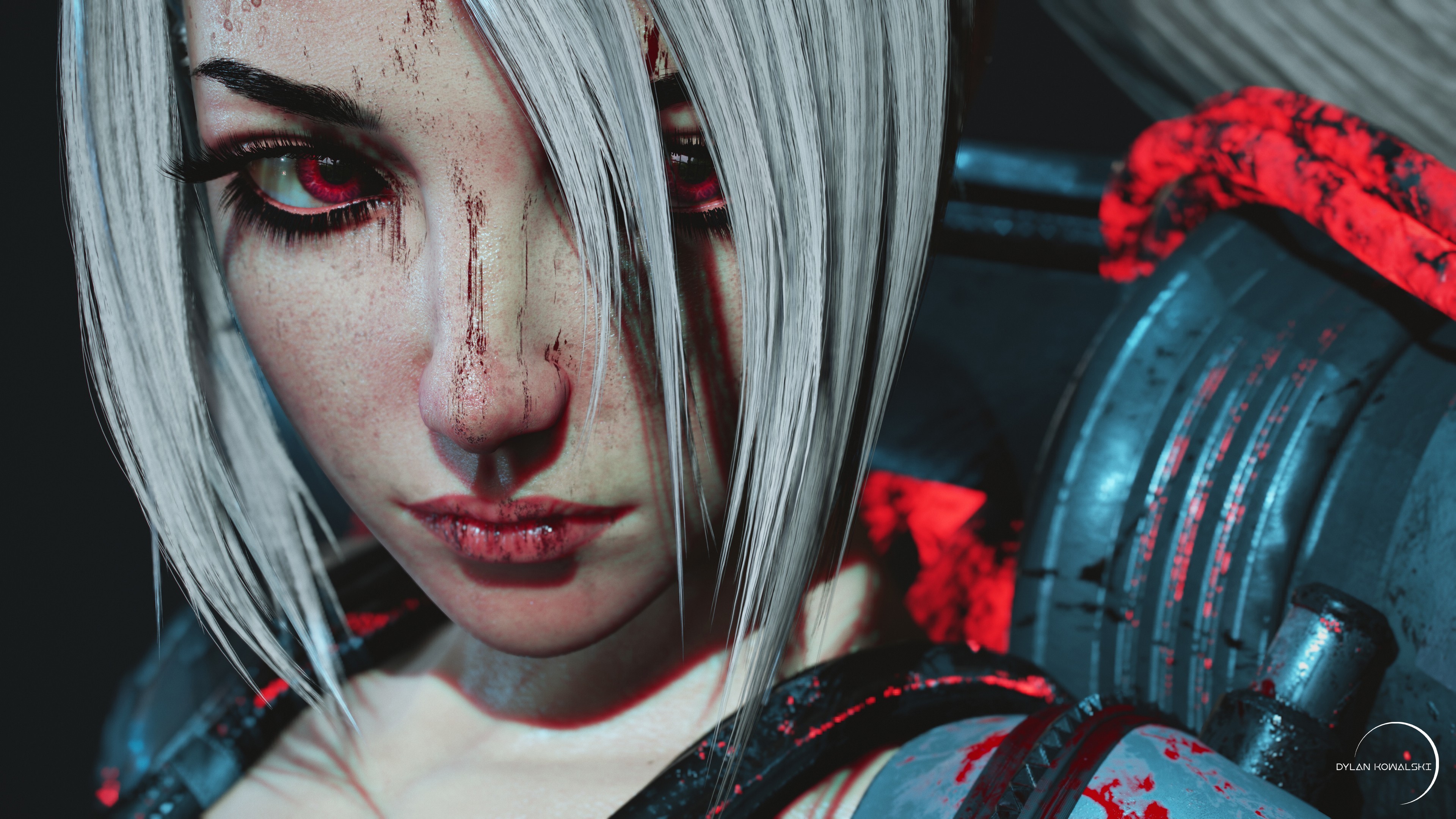 digital, digital art, white hair, red eyes, HD Wallpaper
