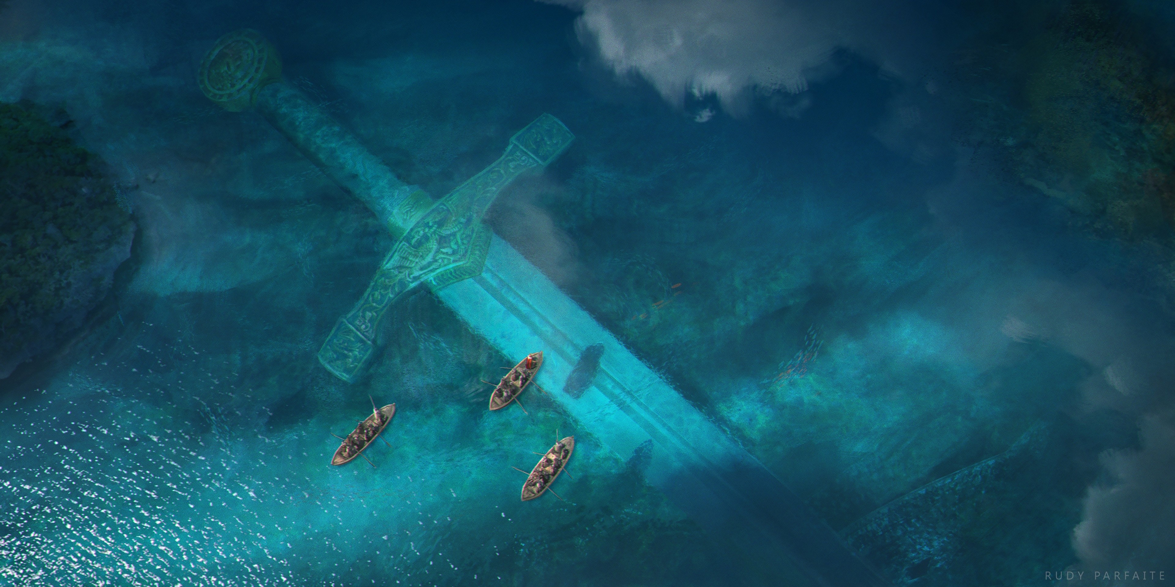 water, canoes, Rudy Parfaite, turquoise, boat, sword, watermarked, HD Wallpaper