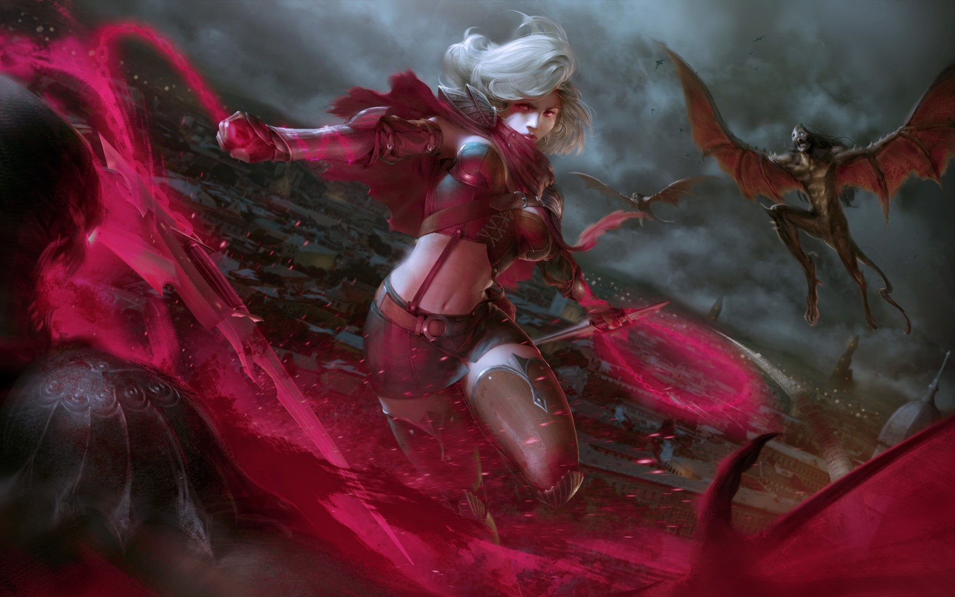 artwork, fantasy art, fantasy girl, creature, battle, sparks, HD Wallpaper
