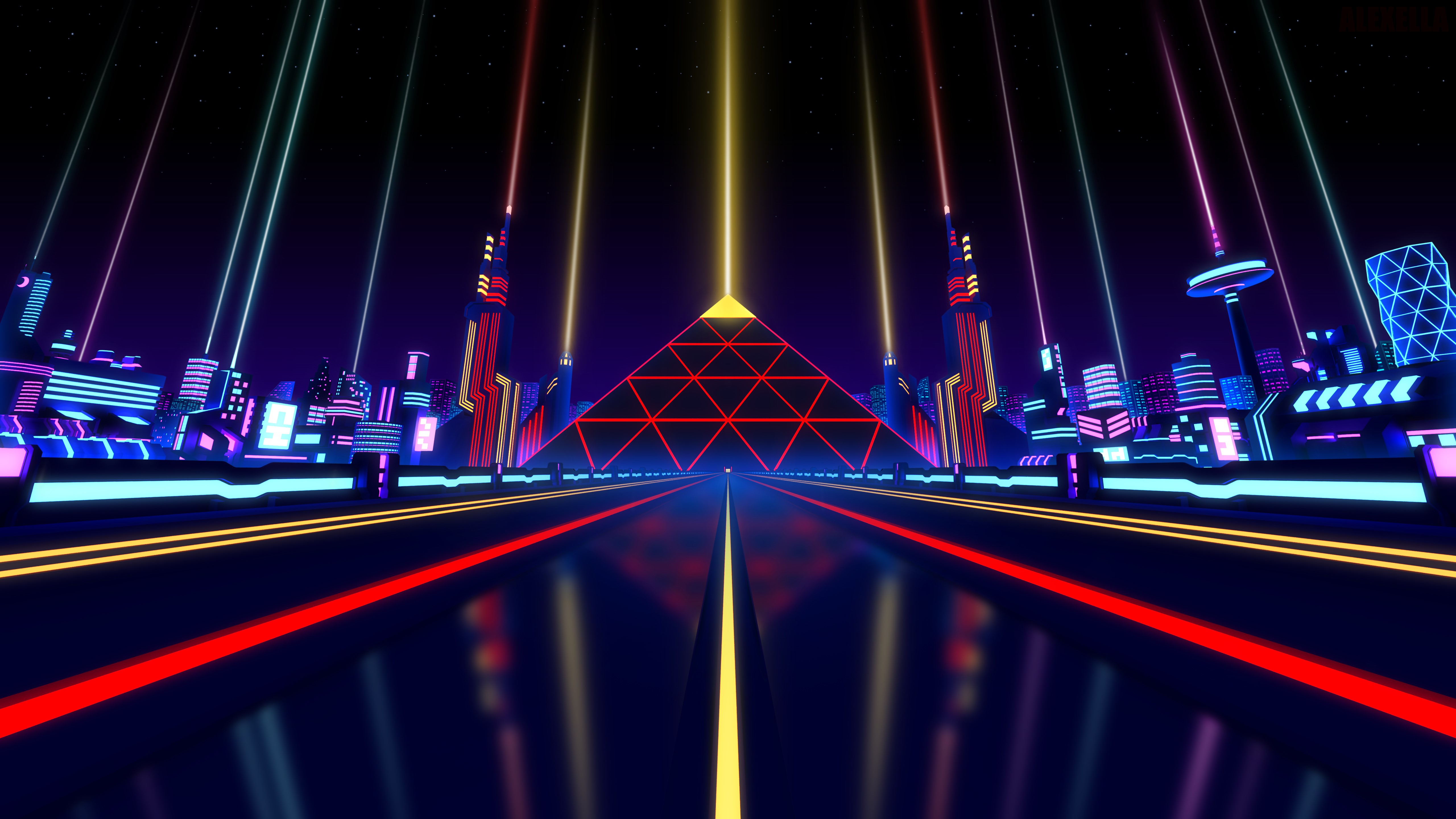 digital art, artwork, cityscape, pyramid, lines, lights, tower, reflection, stars, night, triangle, Alexellation, HD Wallpaper