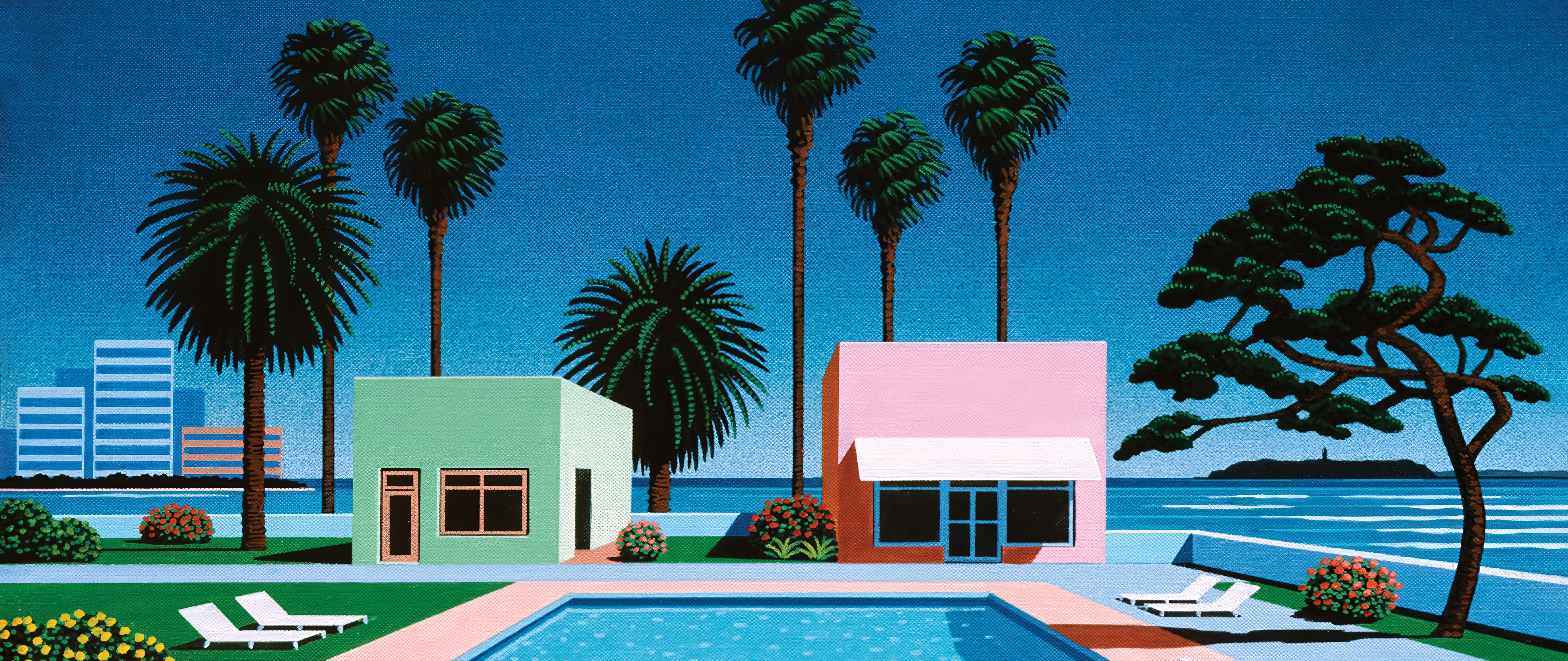 green, pink, blue, palm trees, house, swimming pool, trees, artwork, Hiroshi Nagai, HD Wallpaper
