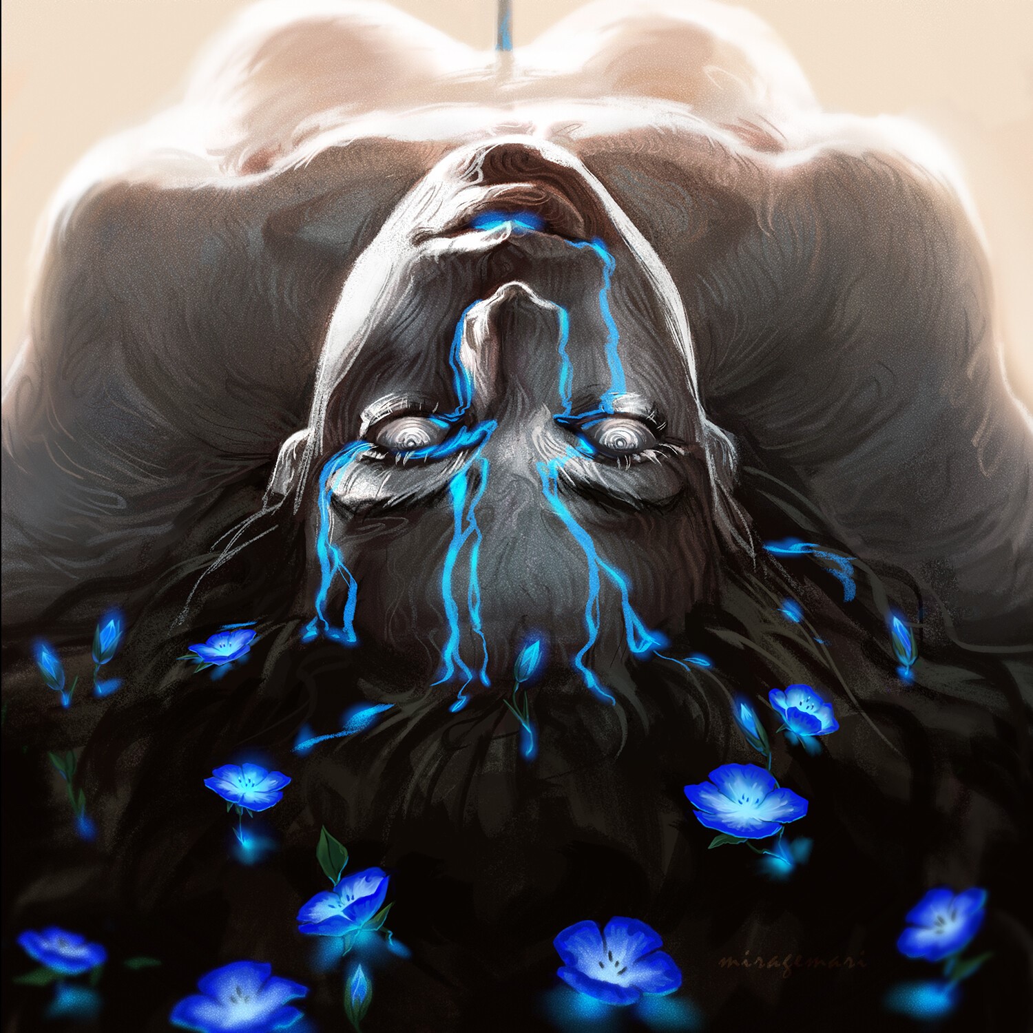Mariia Solianyk, women, flowers, liquid, digital art, glowing, face, artwork, blue, HD Wallpaper
