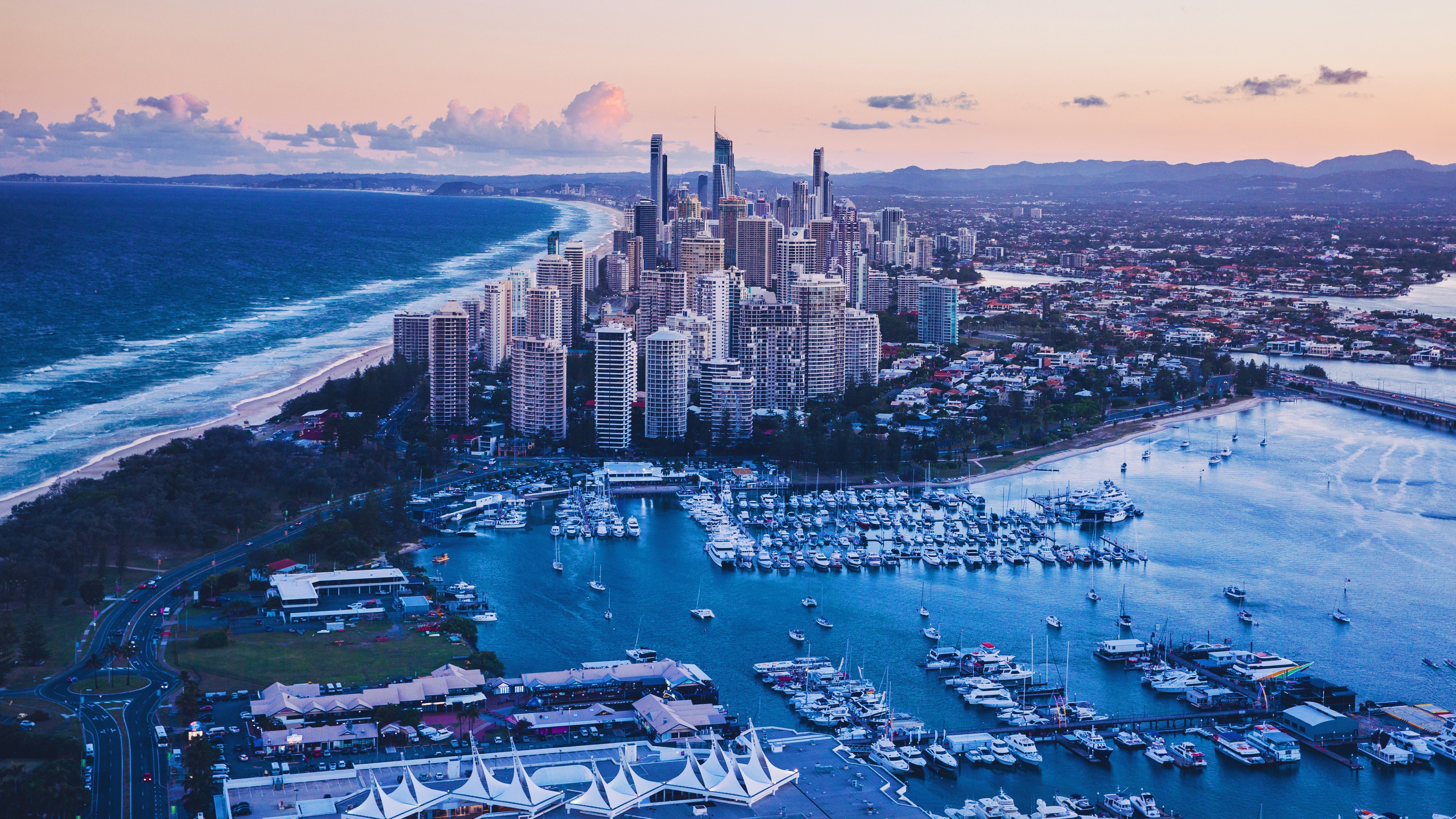 city, Australia, skyscraper, water, clouds, sky, aerial view, HD Wallpaper