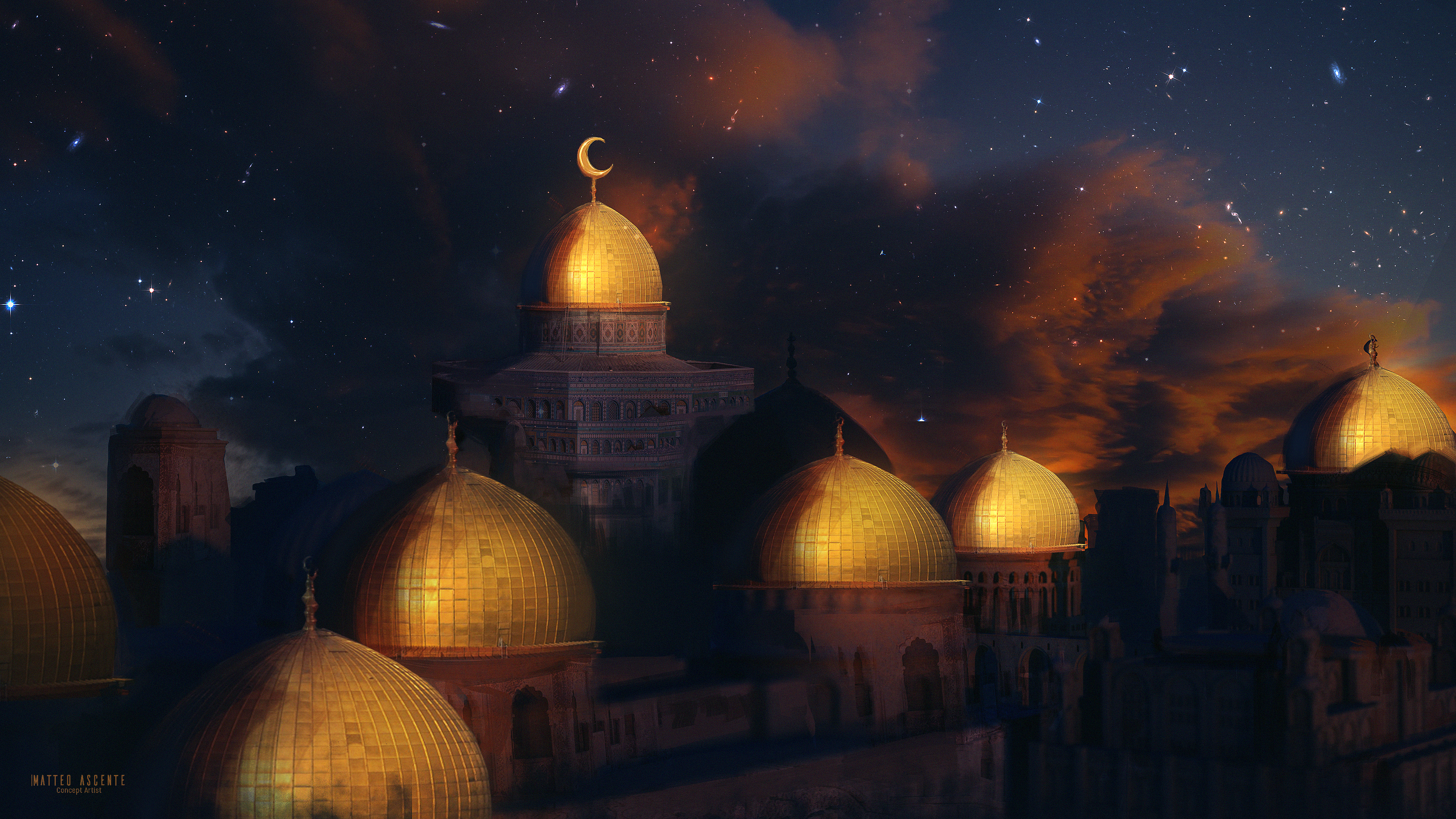 mosque, night sky, gold, stars, HD Wallpaper