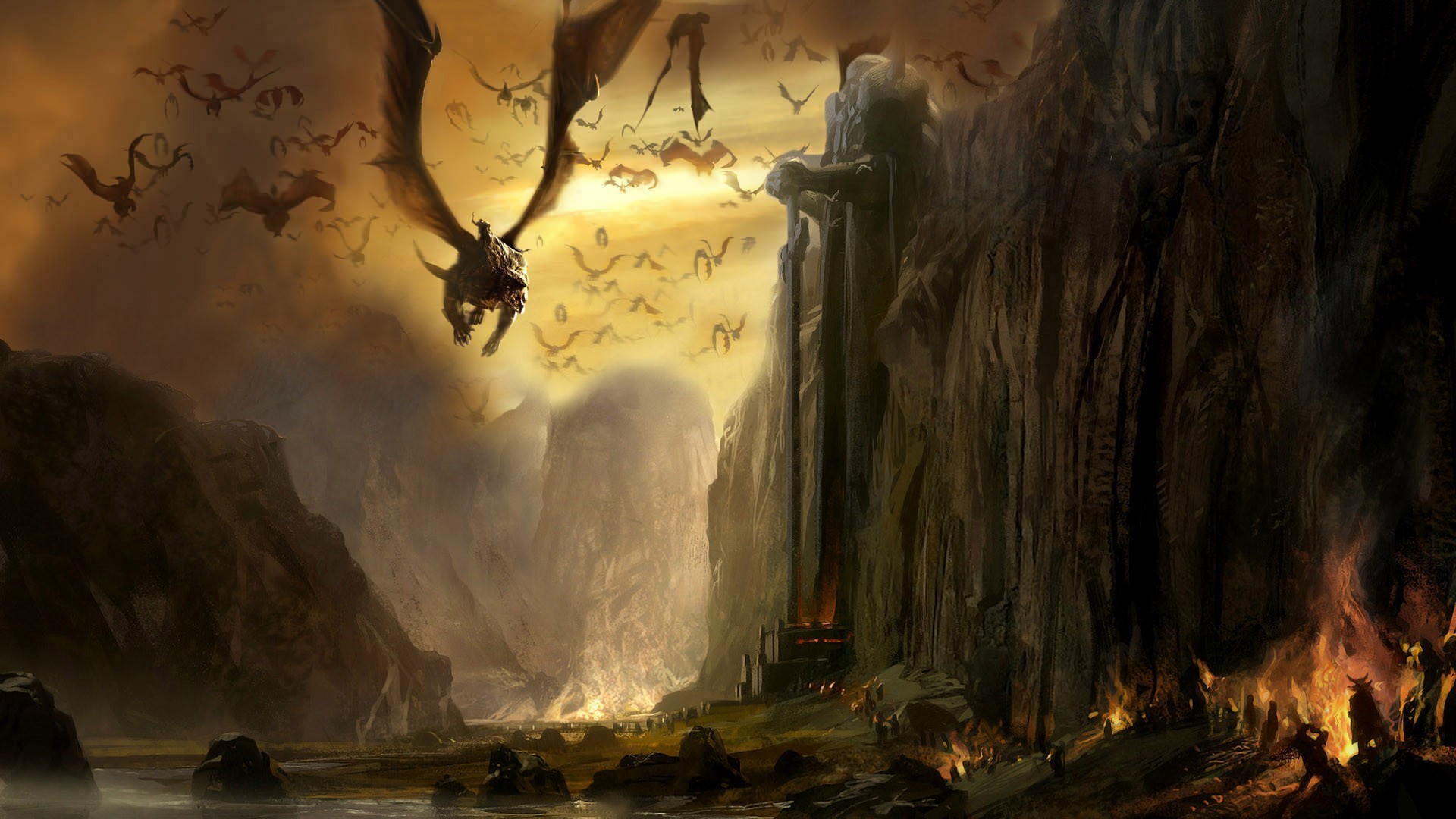 dragon, fantasy art, mountain pass, fire, statue, HD Wallpaper