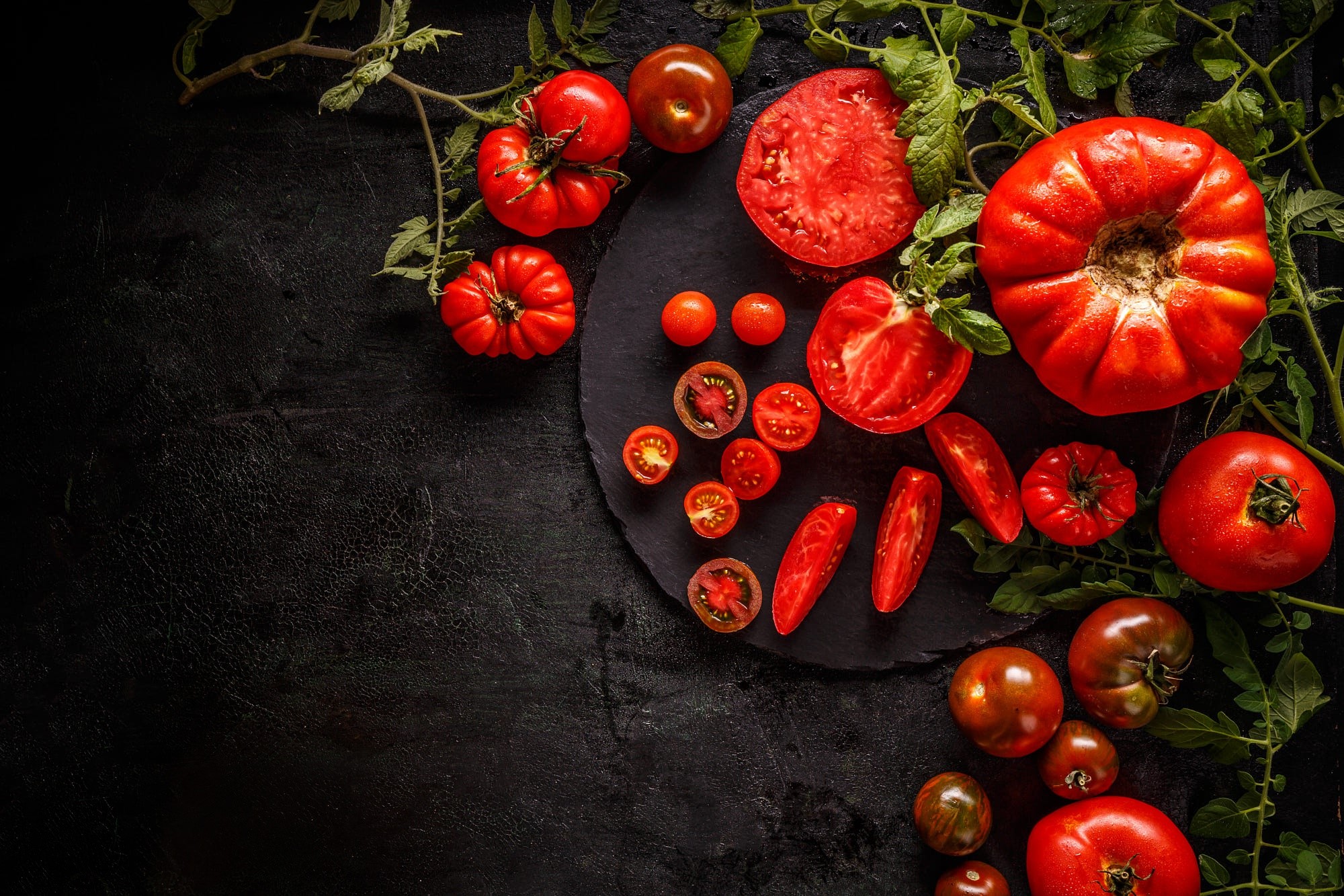 food, tomatoes, red, leaves, top view, HD Wallpaper