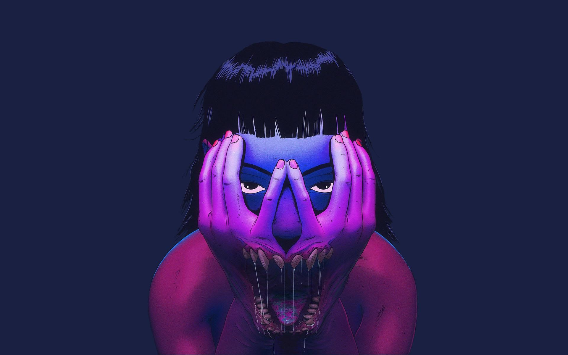 artwork, hand on face, Devil, concept art, simple background, frontal view, creepy, open mouth, saliva, looking at viewer, blue background, HD Wallpaper