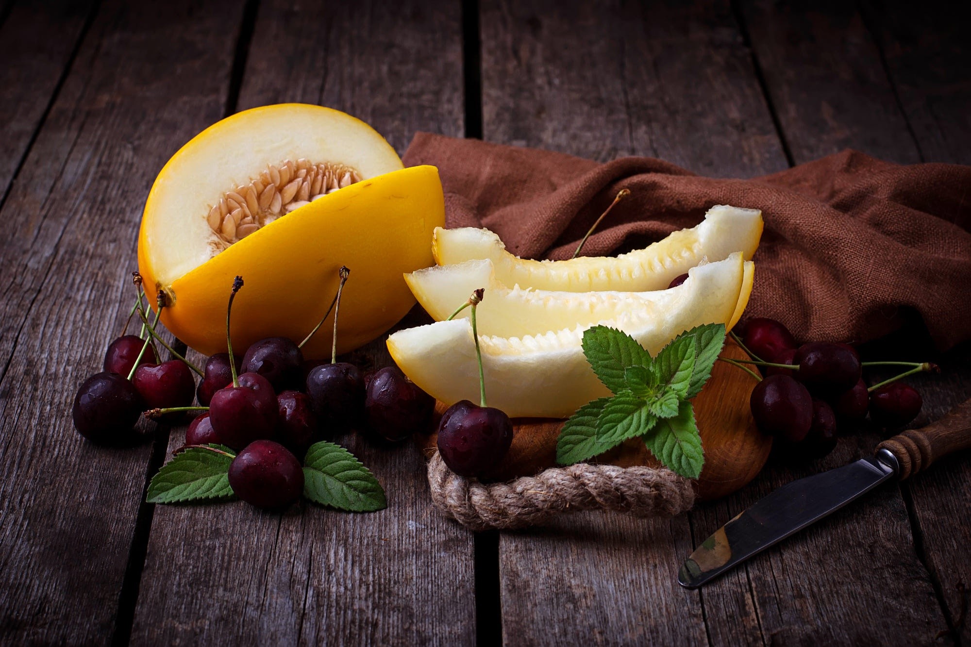 food, fruit, berries, seeds, melons, cherries, mint leaves, table knife, napkin, wooden surface, HD Wallpaper