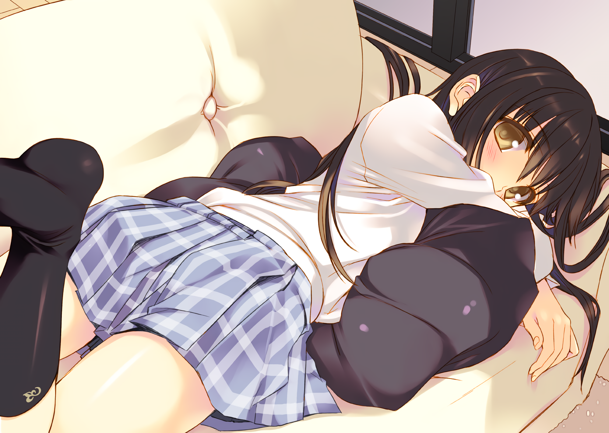 black hair, stockings, skirt, blush, couch, school uniform, brown eyes, anime, HD Wallpaper