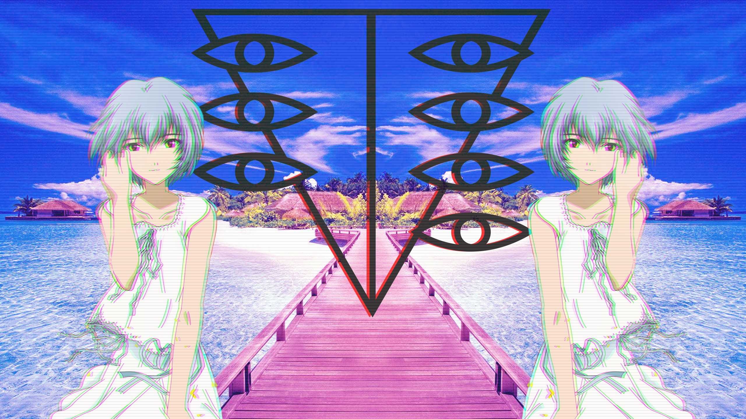 anime, anime girls, white skin, Ayanami Rei, Neon Genesis Evangelion, Retrowave, symbols, HD Wallpaper
