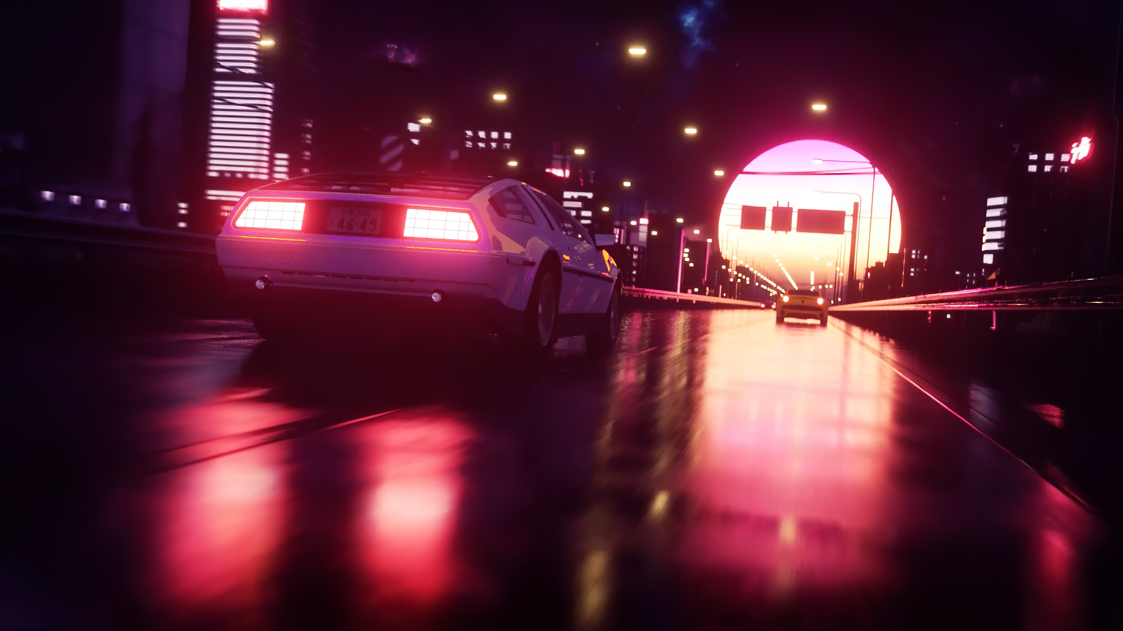 artwork, digital, car, lights, road, Retrowave, synthwave, Moon, city, HD Wallpaper