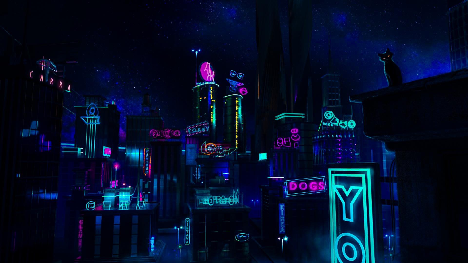 artwork, digital, science fiction, building, skyscraper, neon, neon glow, cats, HD Wallpaper