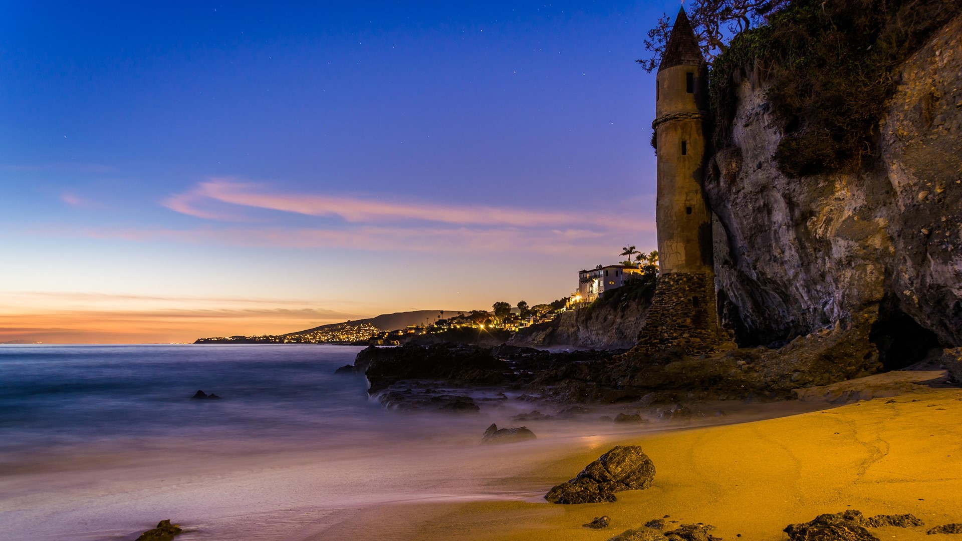 nature, landscape, sunset, water, sand, rocks, beach, coast, trees, long exposure, city, California, USA, Pirate Tower, HD Wallpaper
