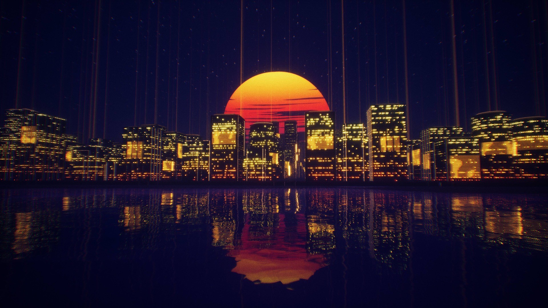 artwork, digital, city, water, reflection, night, Moon, water ripples, glitch art, HD Wallpaper