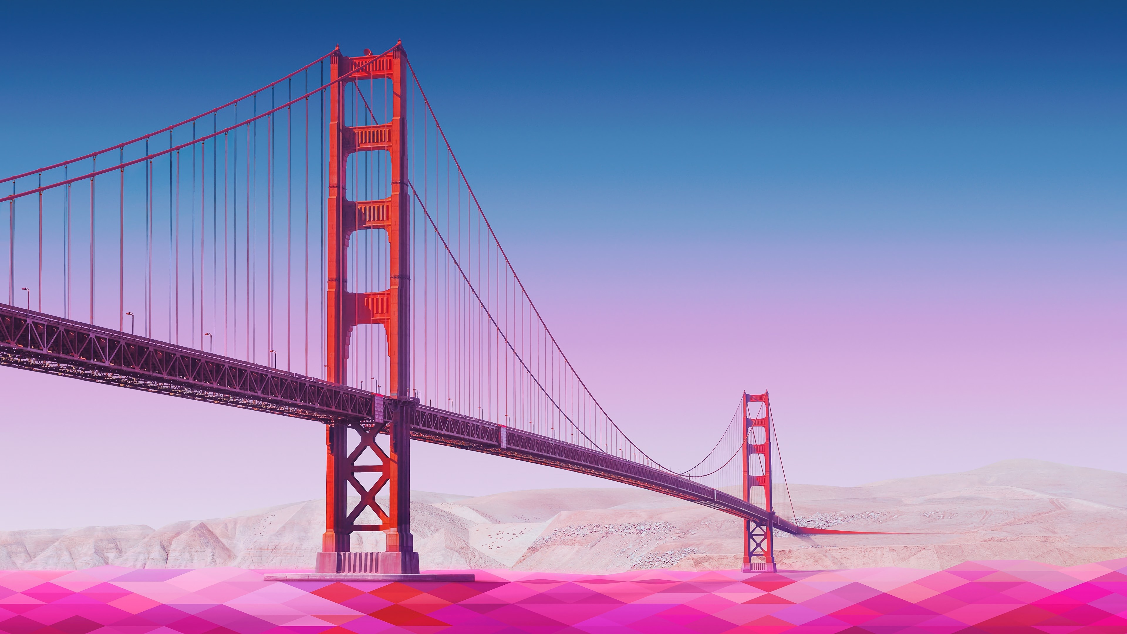 minimalism, artwork, bridge, river, clear sky, pink, Golden Gate Bridge, HD Wallpaper