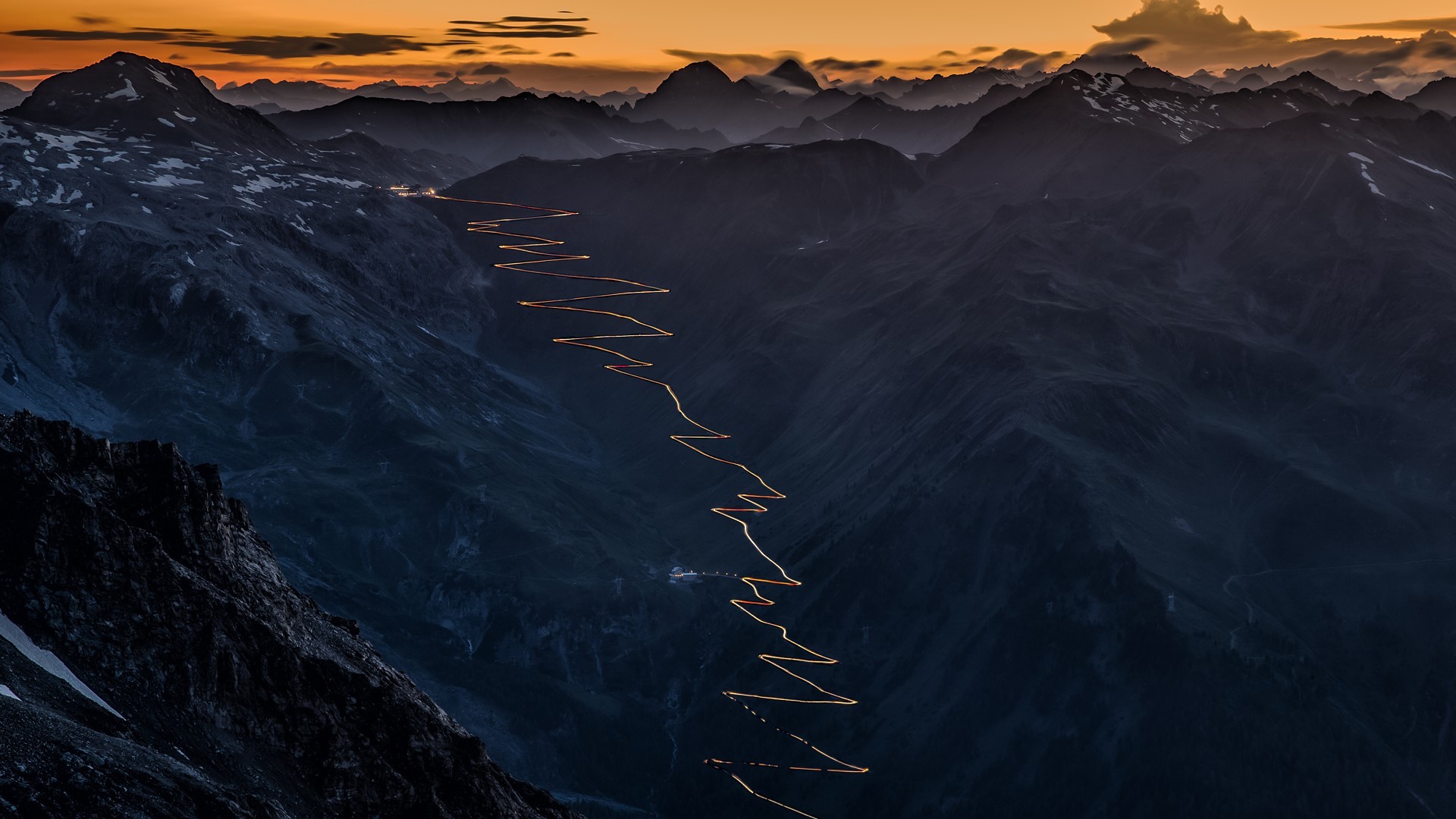 nature, landscape, mountains, clouds, sunset, rocks, sky, road, snow, valley, Stelvio Pass, Italy, far view, HD Wallpaper