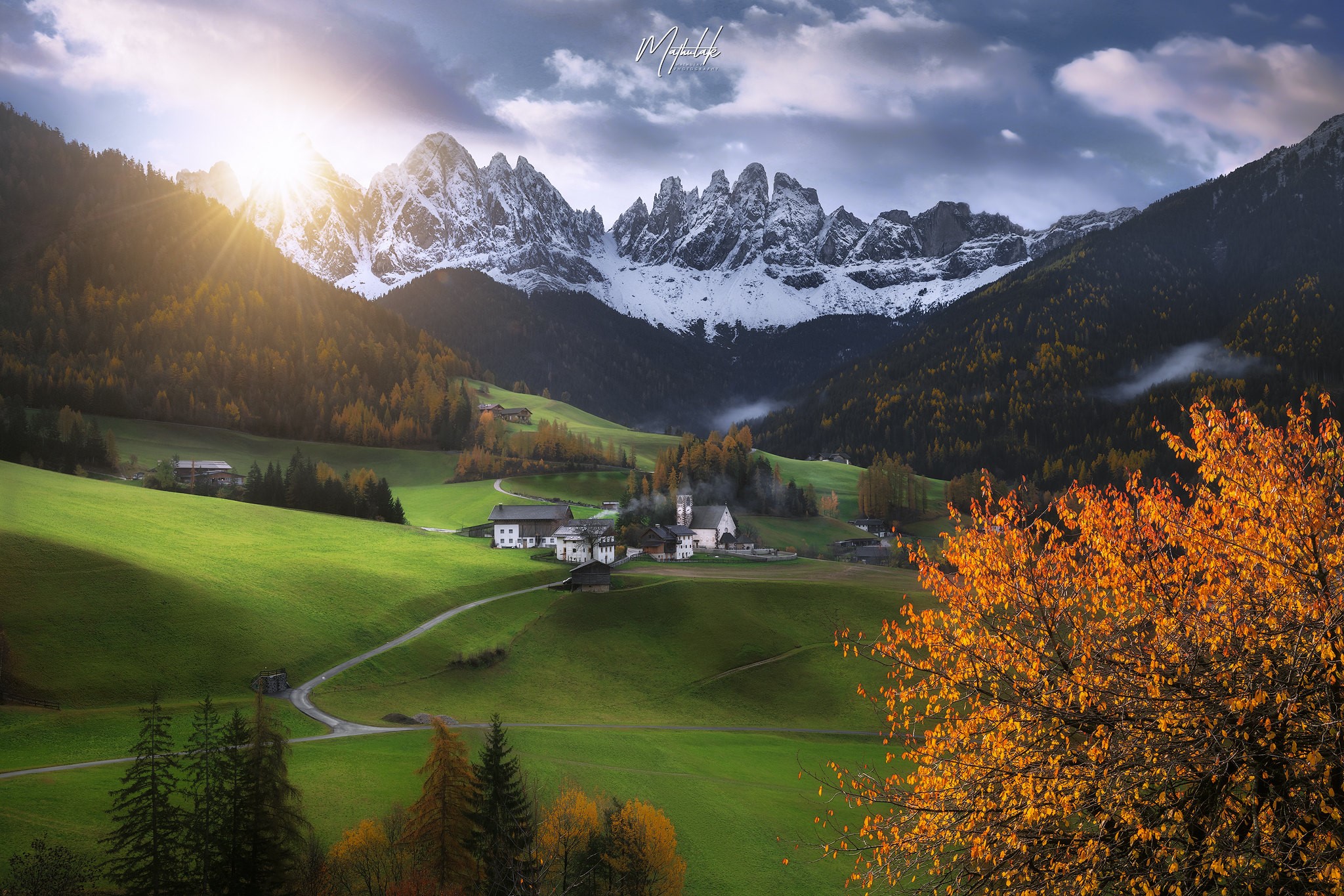 Santa Magdalena, sunrise, village, mountains, valley, fall, landscape, HD Wallpaper