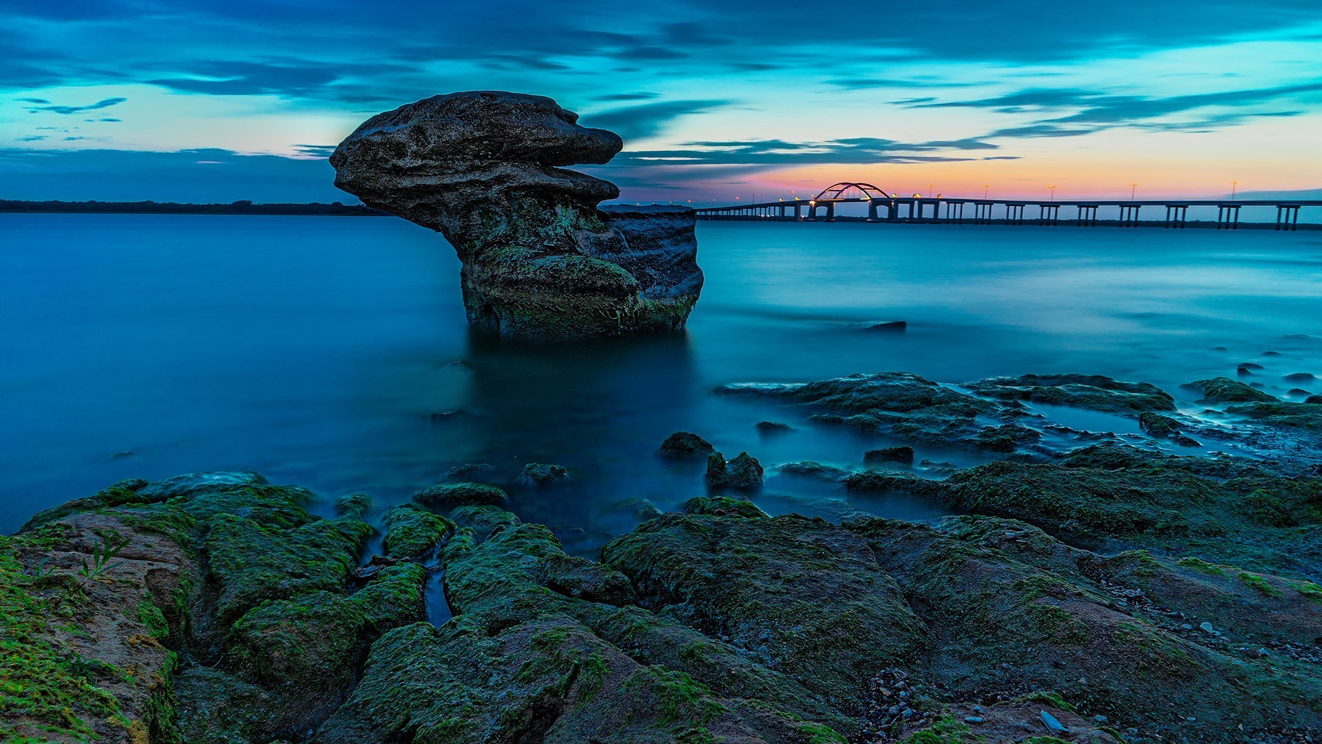 nature, landscape, bridge, water, rocks, long exposure, lights, lake, Texas, USA, HD Wallpaper