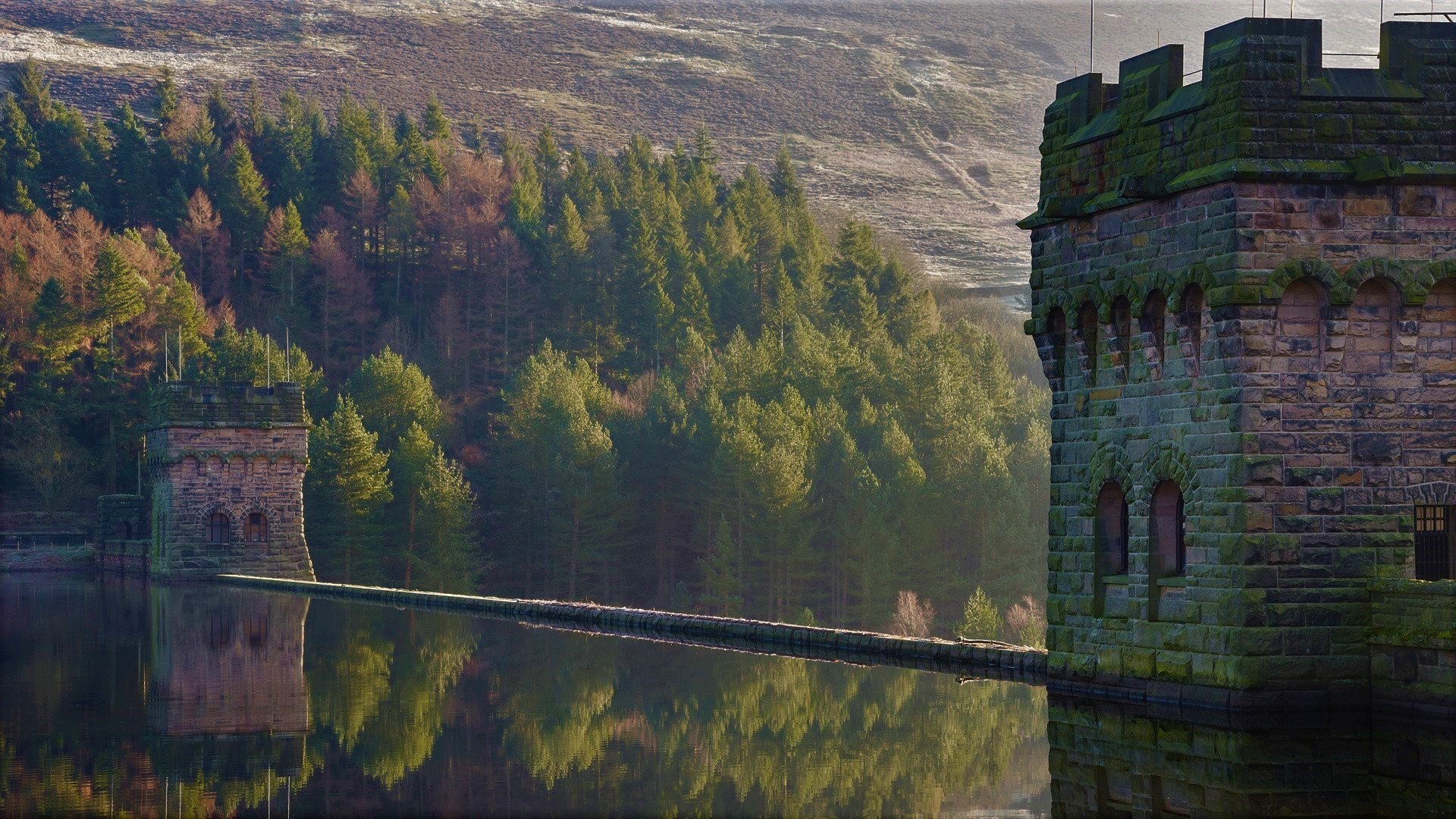 nature, landscape, trees, water, reflection, moss, England, UK, mountains, dam, Reservoir, HD Wallpaper
