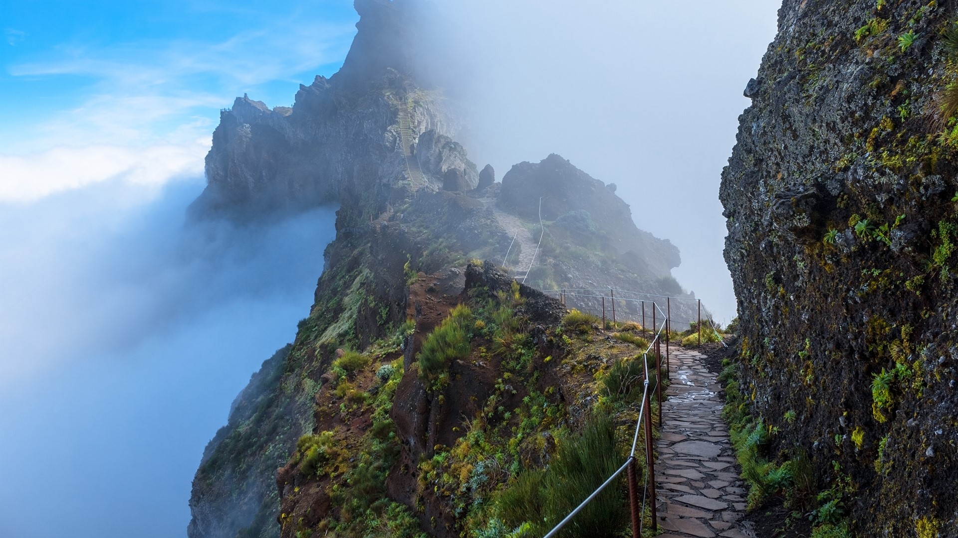 nature, landscape, walkway, stairs, clouds, sky, plants, mountains, mist, madeira, Portugal, HD Wallpaper