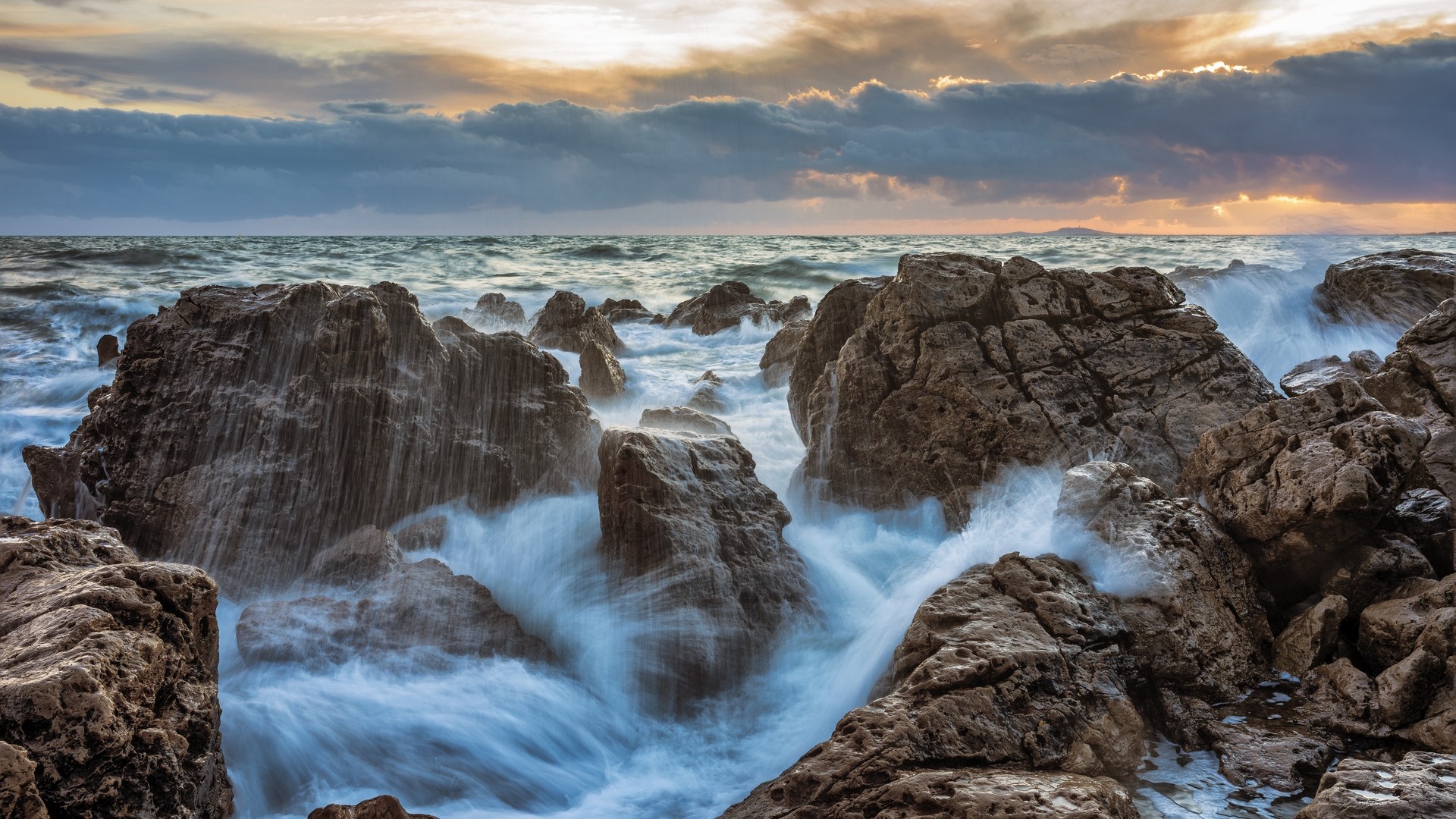 storm, rocks, water, waves, clouds, France, HD Wallpaper