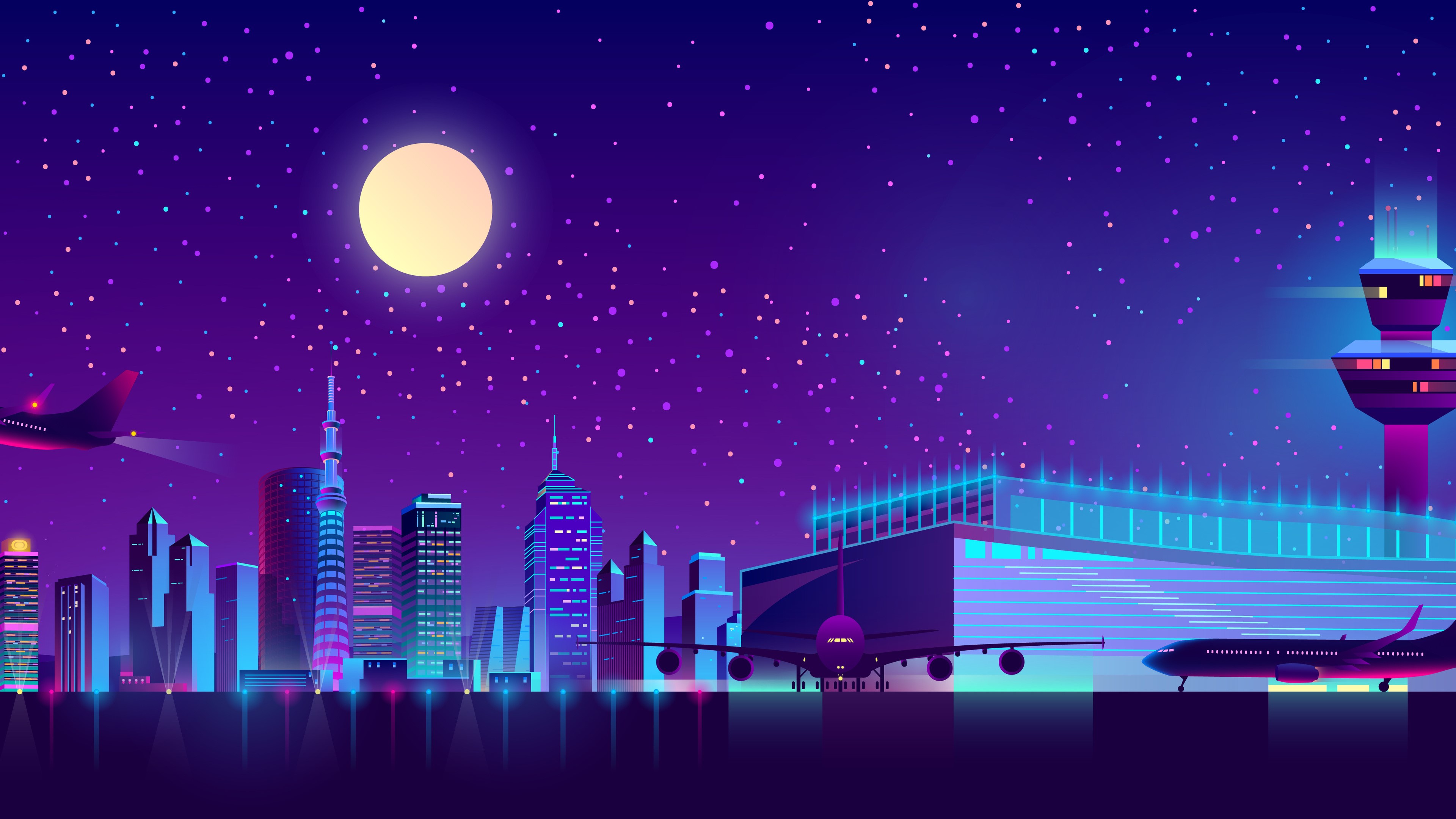 digital art, artwork, minimalism, blue, Moon, moonlight, stars, cityscape, airport, airplane, skyscraper, lights, glowing, vector graphics, HD Wallpaper