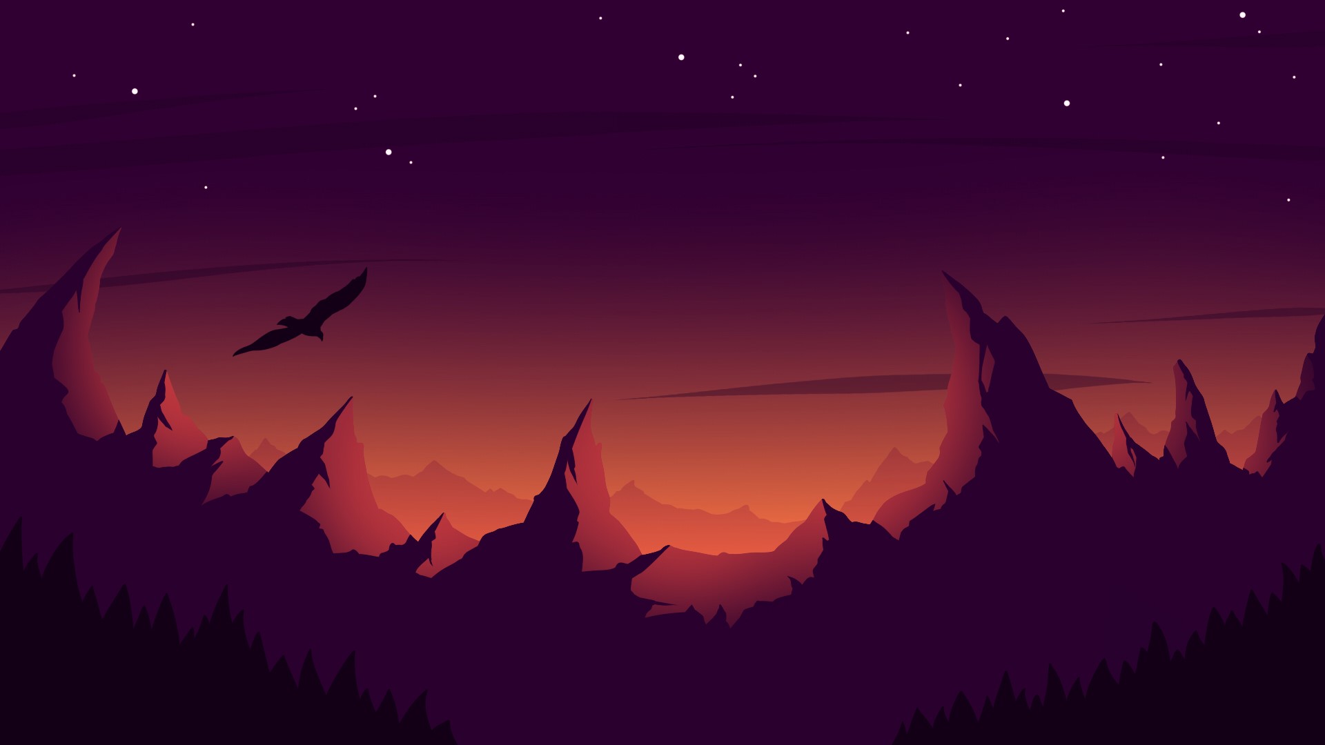 digital art, artwork, minimalism, birds, stars, sky, mountains, HD Wallpaper