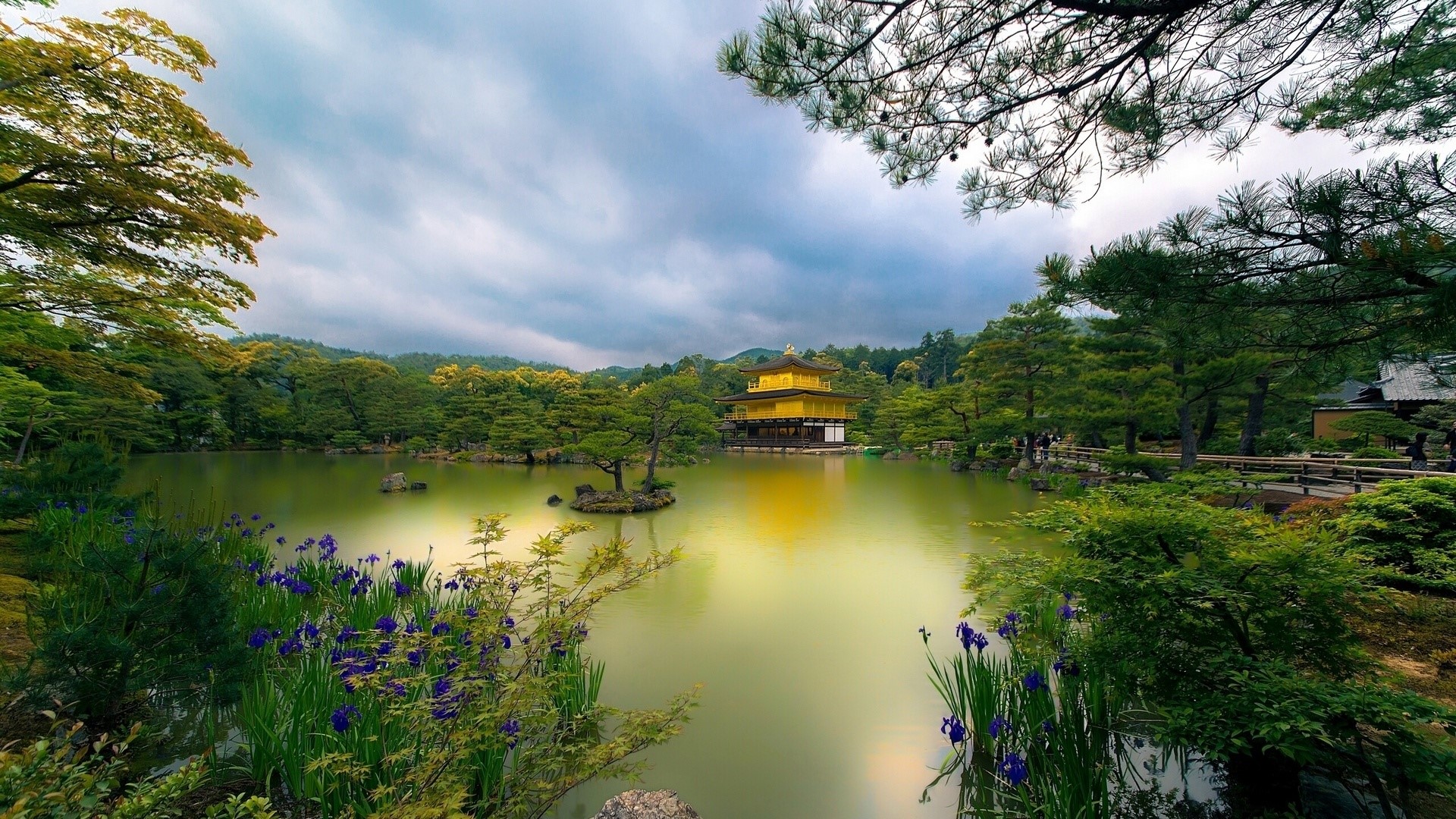 nature, landscape, building, trees, Asian architecture, pagoda, water, lake, flowers, clouds, pine trees, island, forest, HD Wallpaper