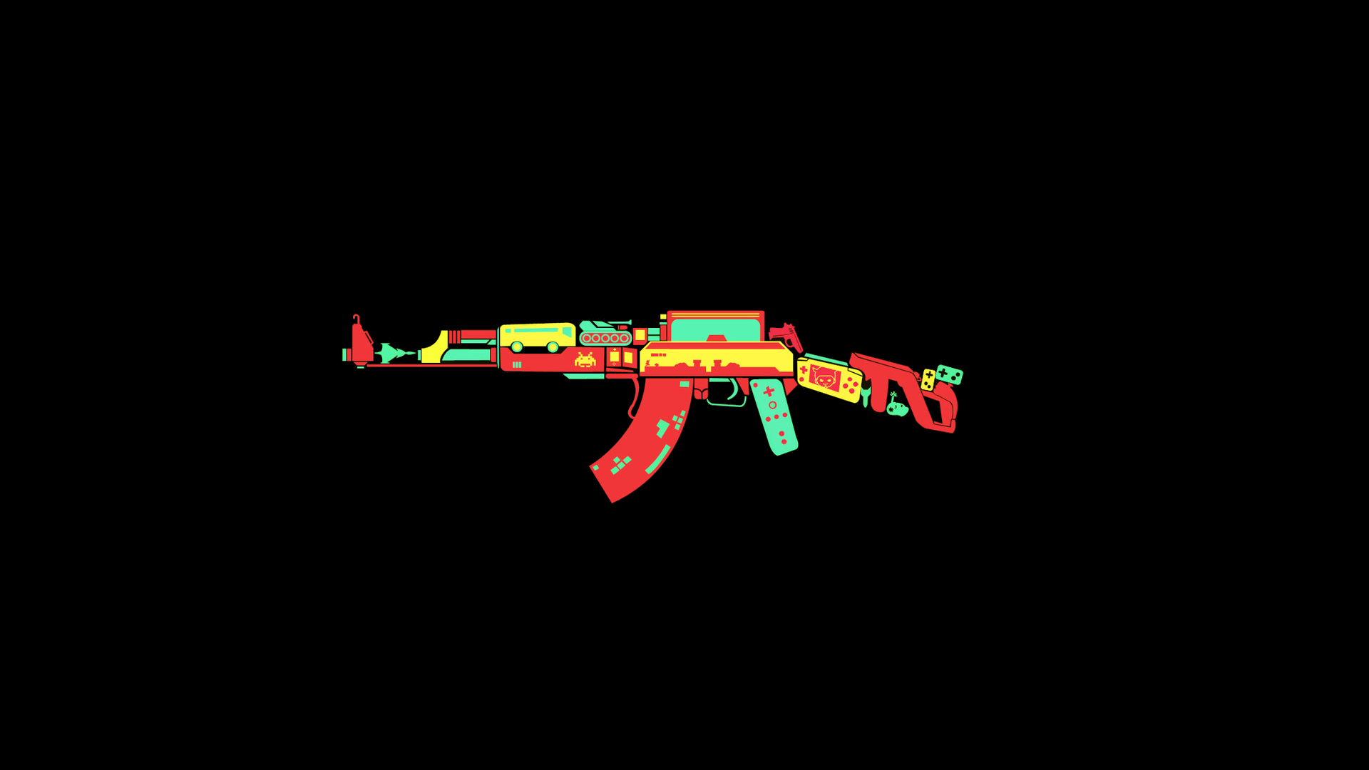 gun, colorful, black background, AK-47, rifles, video game art, controllers, controller, HD Wallpaper