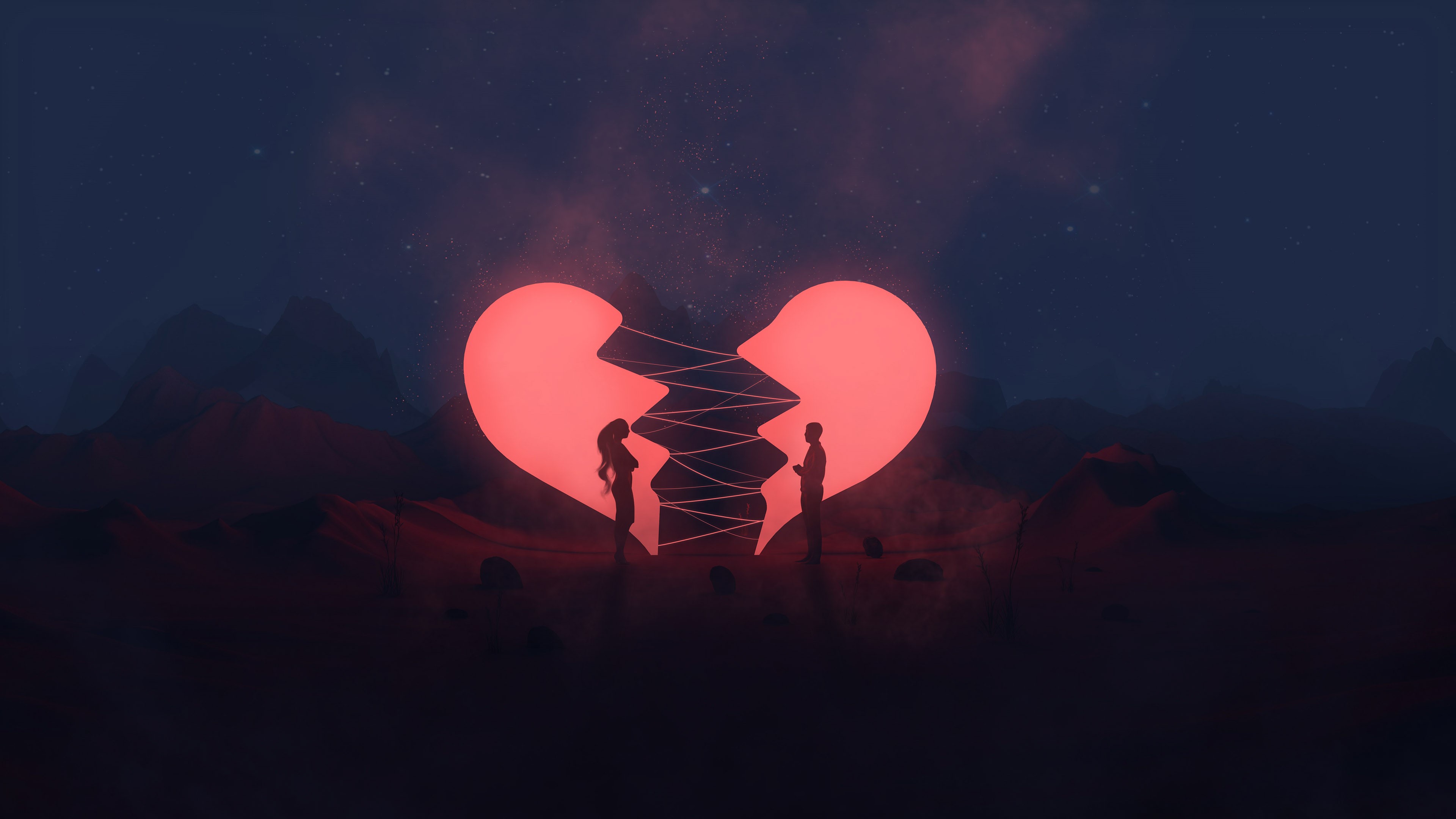 digital art, artwork, illustration, dark, night, heart, concept art, stars, people, women, men, outdoors, pink, couple, landscape, 4K, fantasy art, mountains, HD Wallpaper