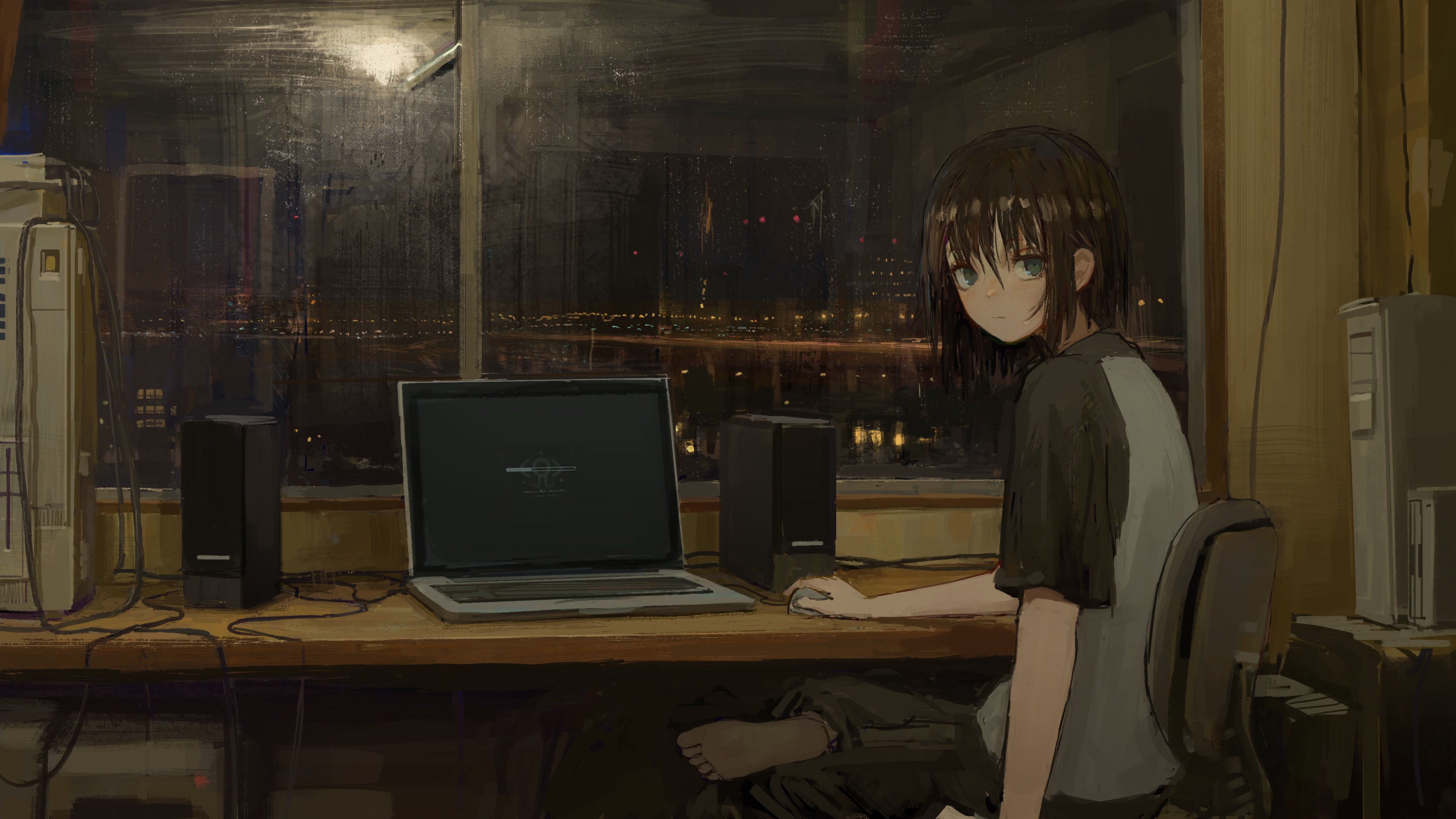 night, computer, anime girls, HD Wallpaper