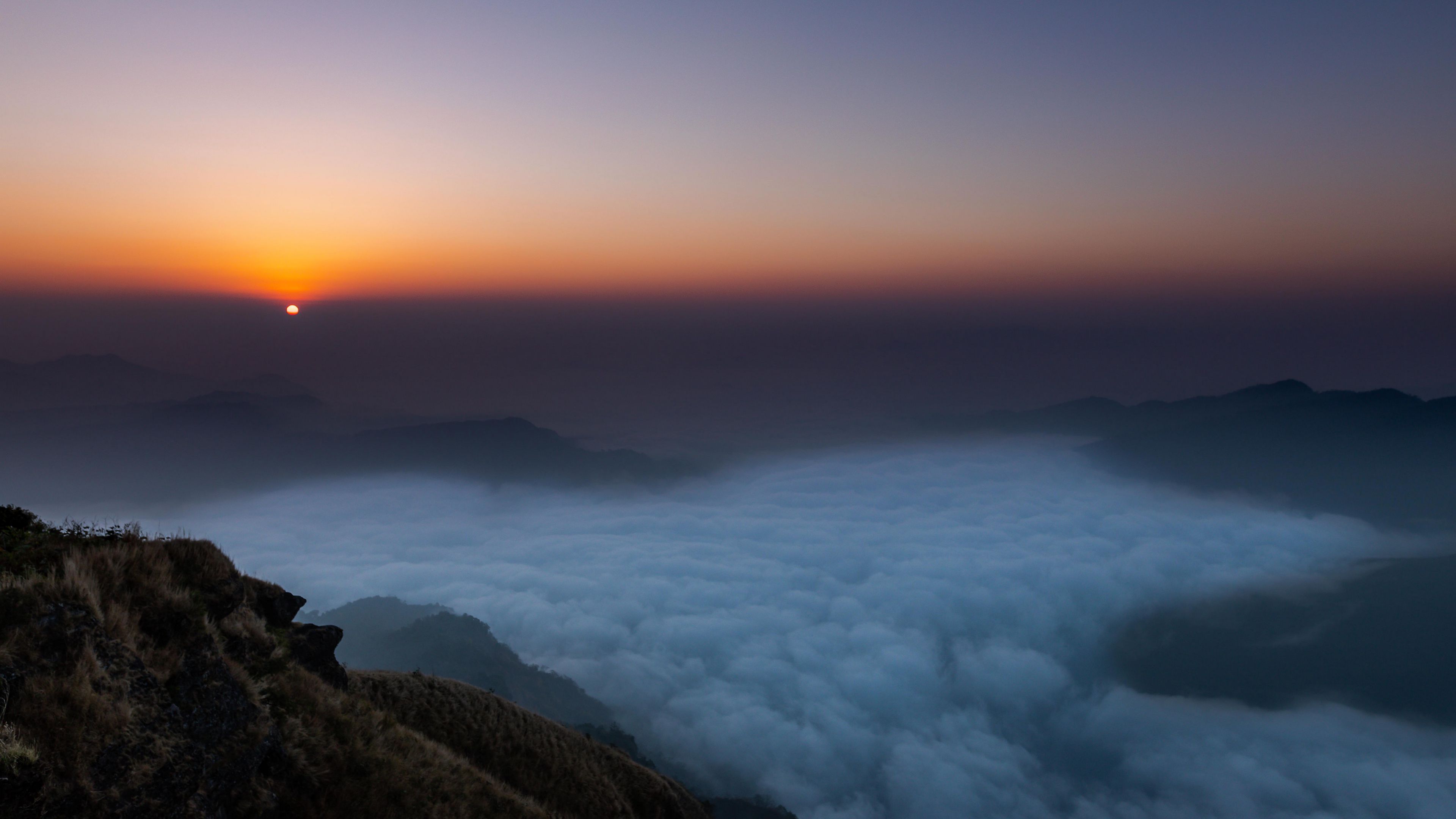 sunset, clouds, sky, fog, peak, 4k, HD Wallpaper