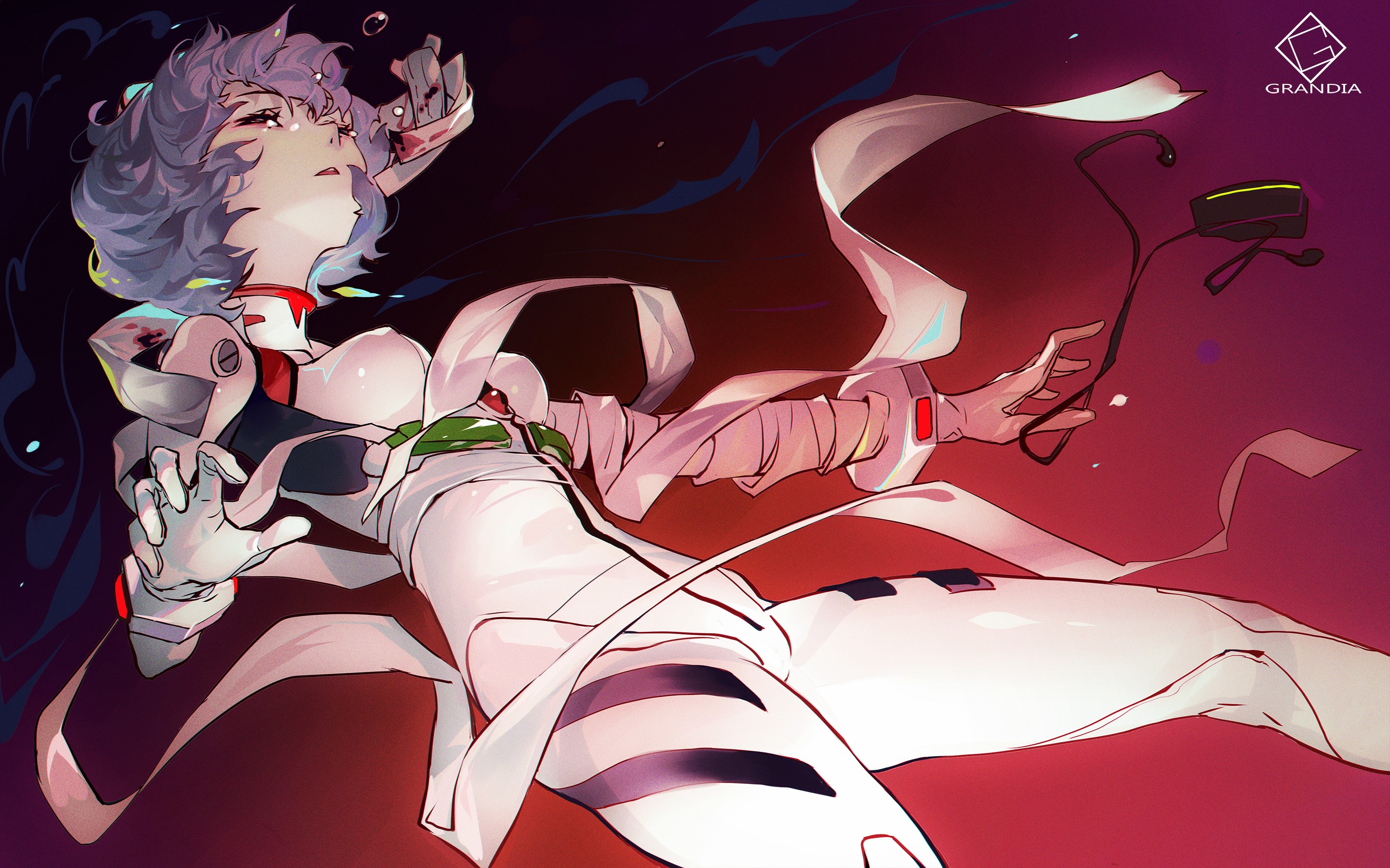 Neon Genesis Evangelion, anime girls, thighs, short hair, plugsuit, blood, bandage, underwater, small boobs, messy hair, Ayanami Rei, 2D, blue hair, crying, closed eyes, fan art, HD Wallpaper