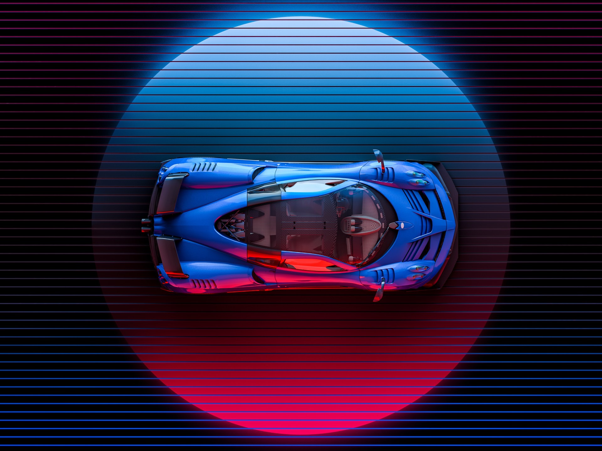 car, artwork, digital, neon, neon glow, cyberpunk, Pagani, Pagani Huayra, lights, digital lighting, top view, HD Wallpaper