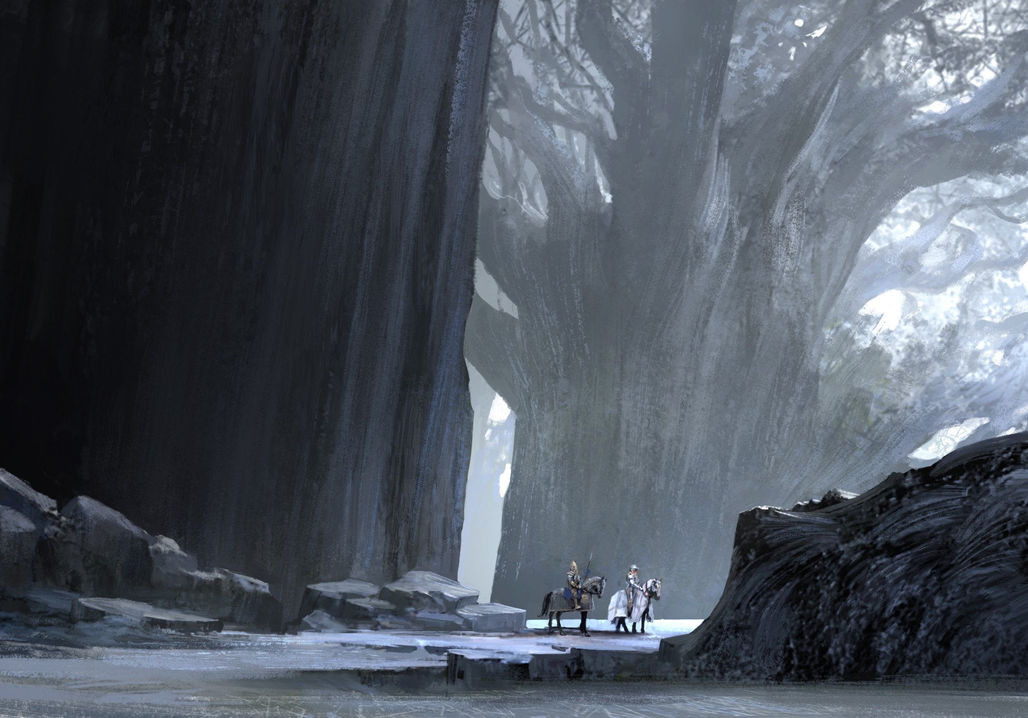 digital art, fantasy art, artwork, trees, knight, horse, horseman, giant, Arnaud Pheu, HD Wallpaper